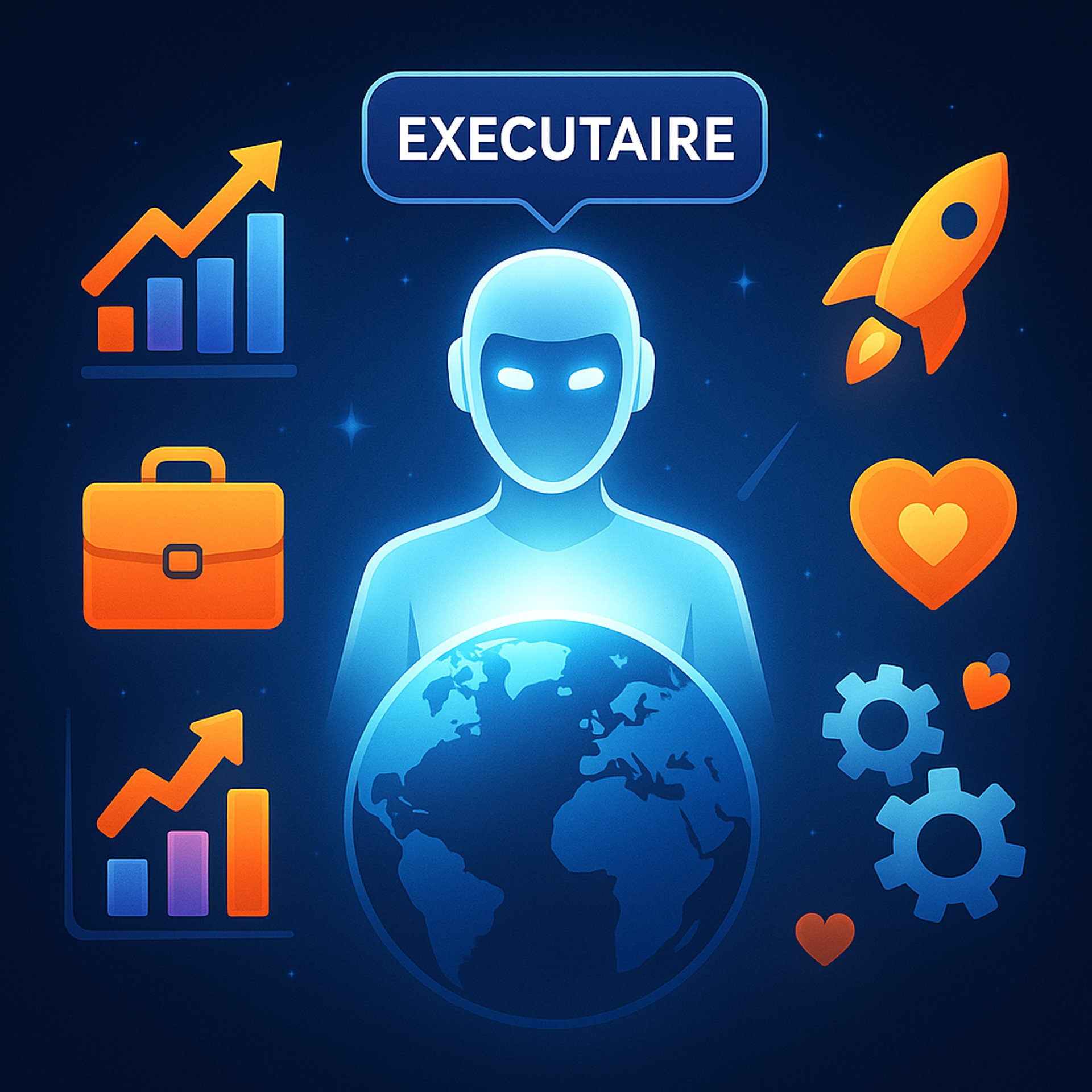 Promotional visual of AI Executaire, the multilingual AI business strategist offering automation and marketing solutions.