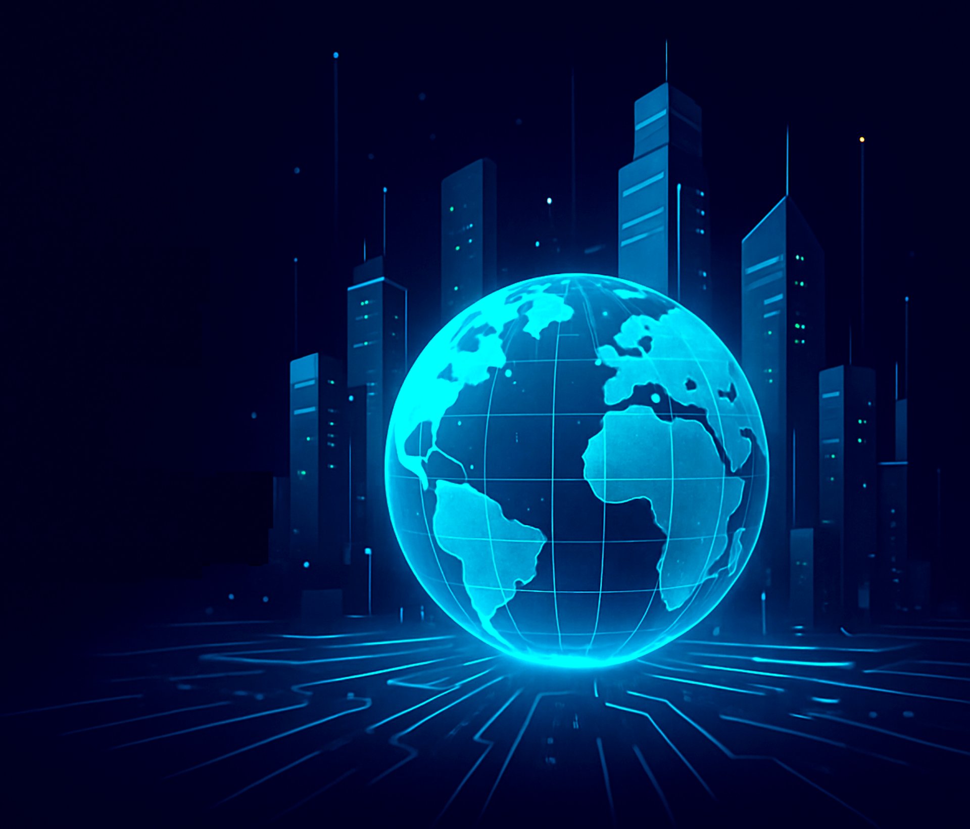 Futuristic global contact concept with tech lines and digital world map background.
