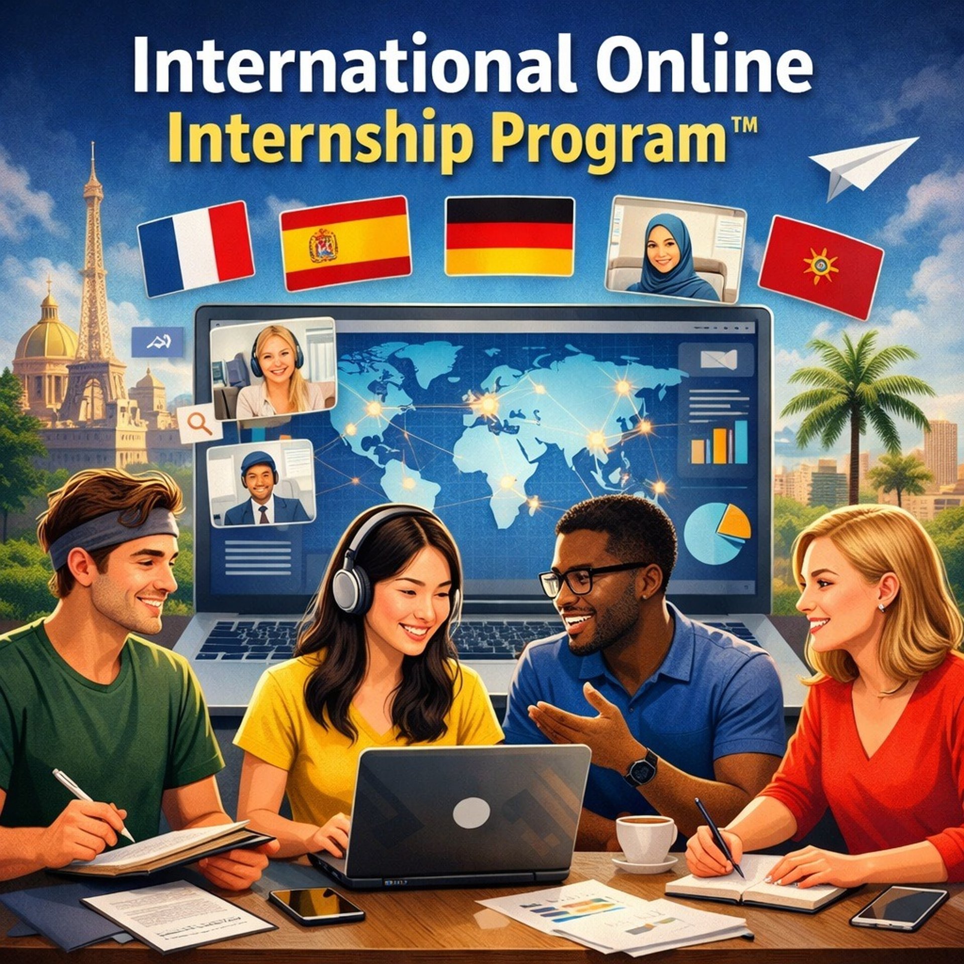 Diverse students collaborating online with global trade dashboard and world map in virtual internship setting.