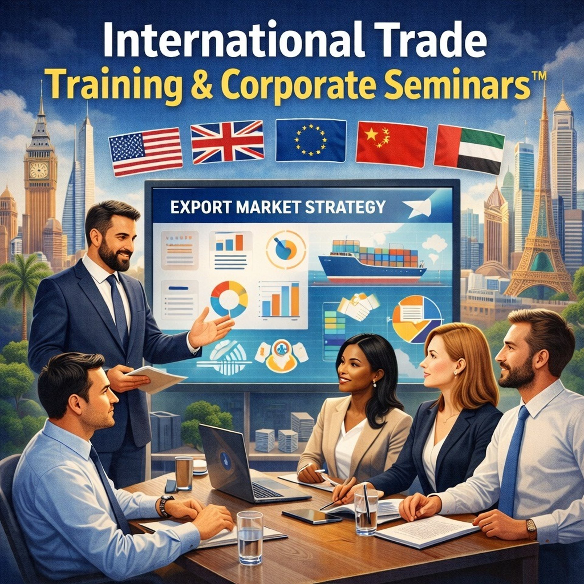 Business seminar with export strategy presentation, global flags, and executive trade training session.