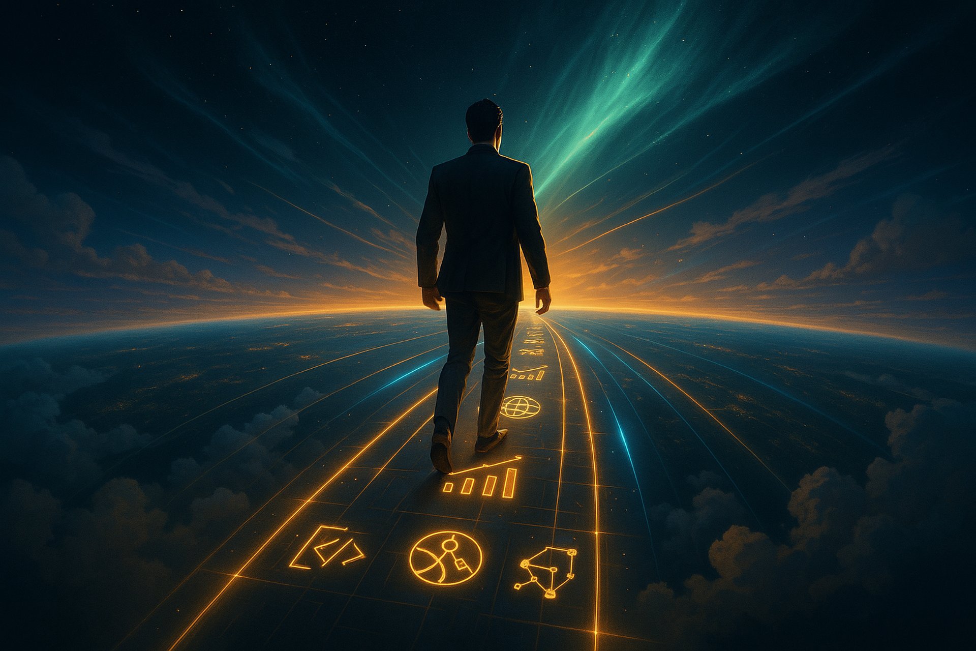 Futuristic dashboard displaying HBI Ecosystem’s core platforms: trade, AI, blockchain, and digital tools