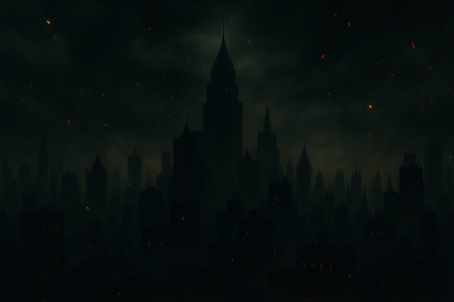 Dark, gothic-style city skyline shrouded in smoke and shadows, with faint glowing embers floating through the air. The atmosp