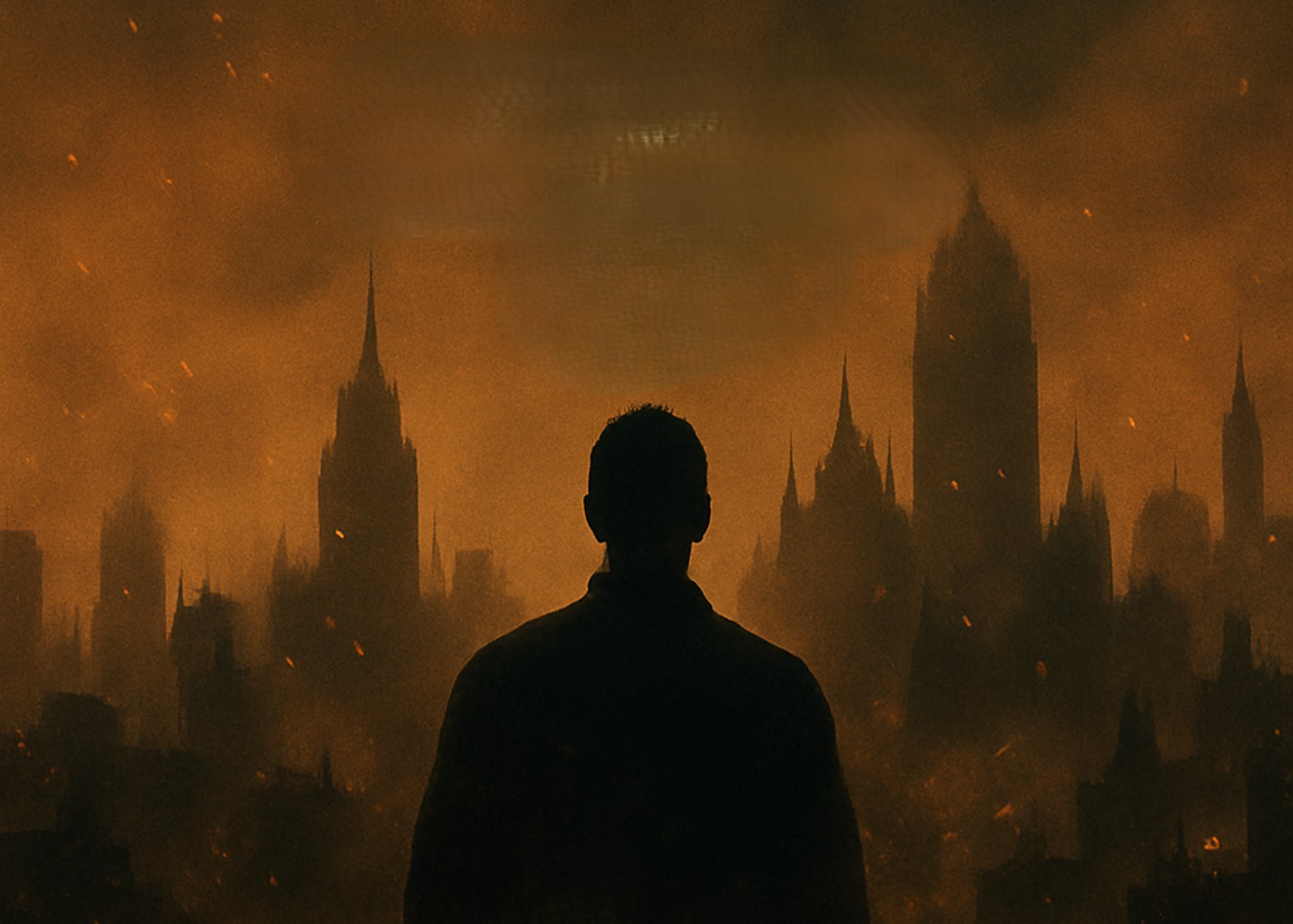 Silhouette of a lone man standing before a burning orange skyline filled with gothic, jagged skyscrapers. The air is thick wi