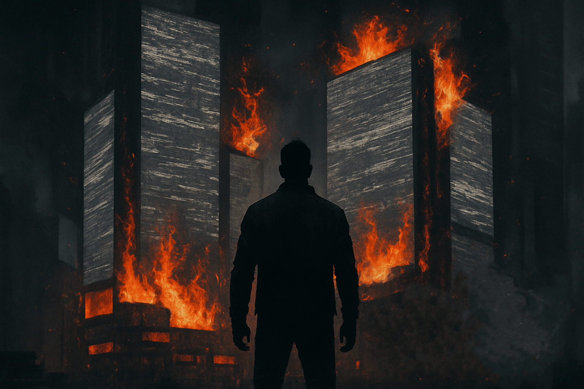 Silhouette of a man standing before towering stacks of burning books, engulfed in flames and smoke. The image evokes themes o