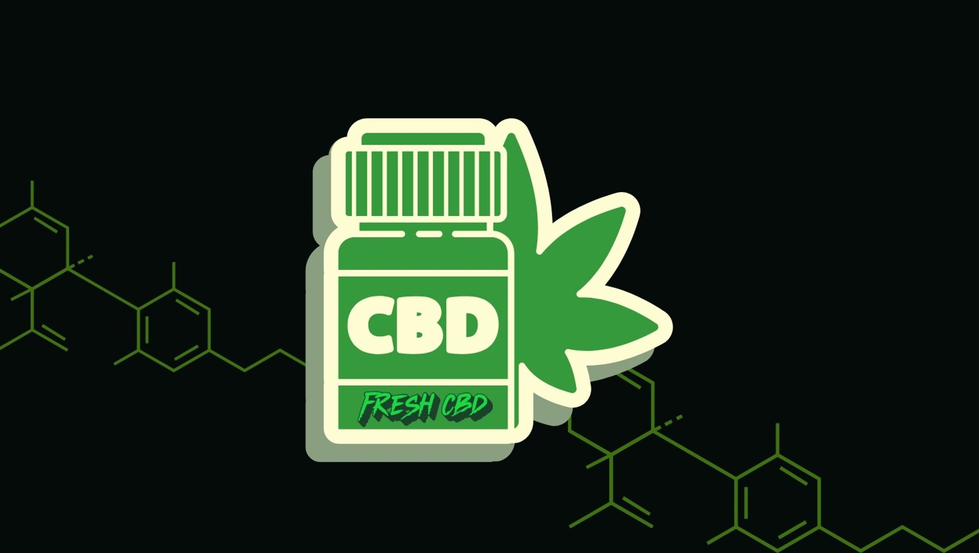 Bote de aceite CBD con hoja y moléculas sobre fondo negro