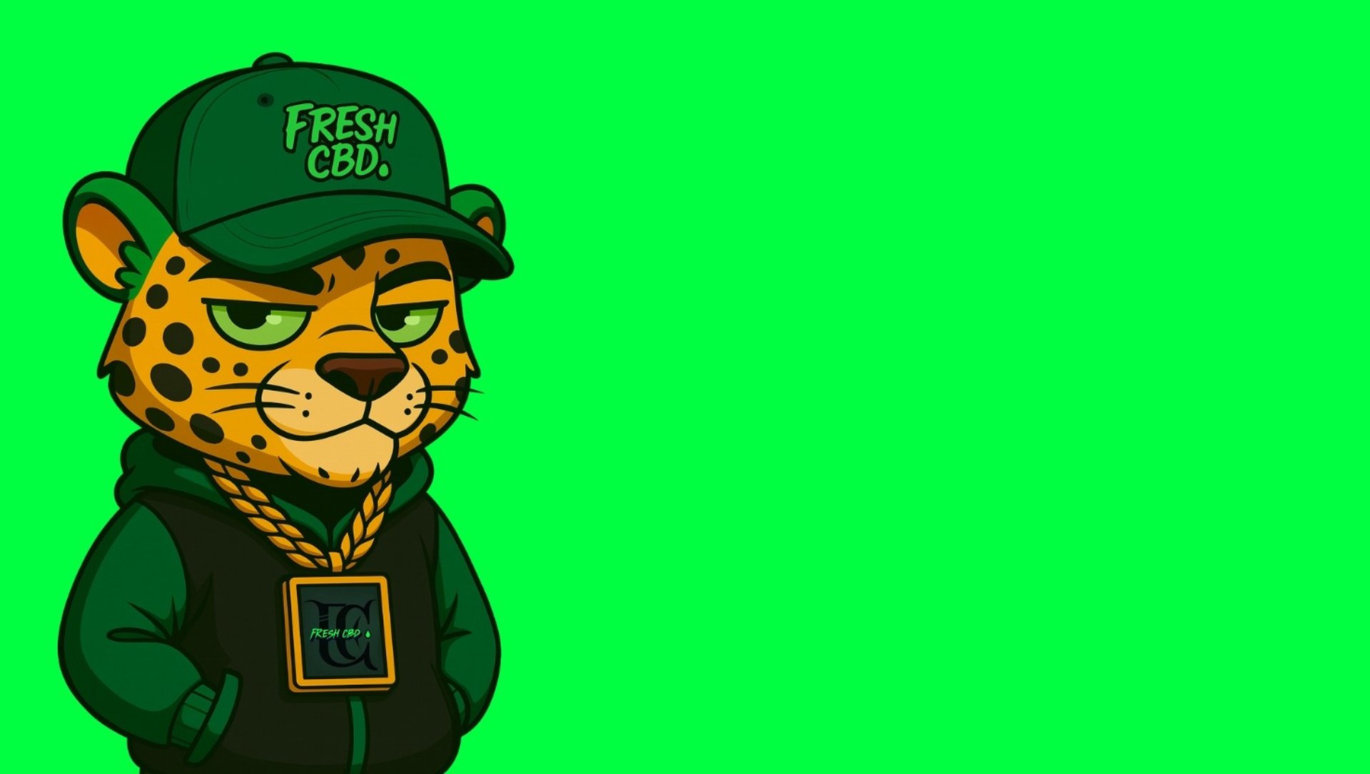 Leopardo mascota Fresh CBD medio cuerpo con fondo verde