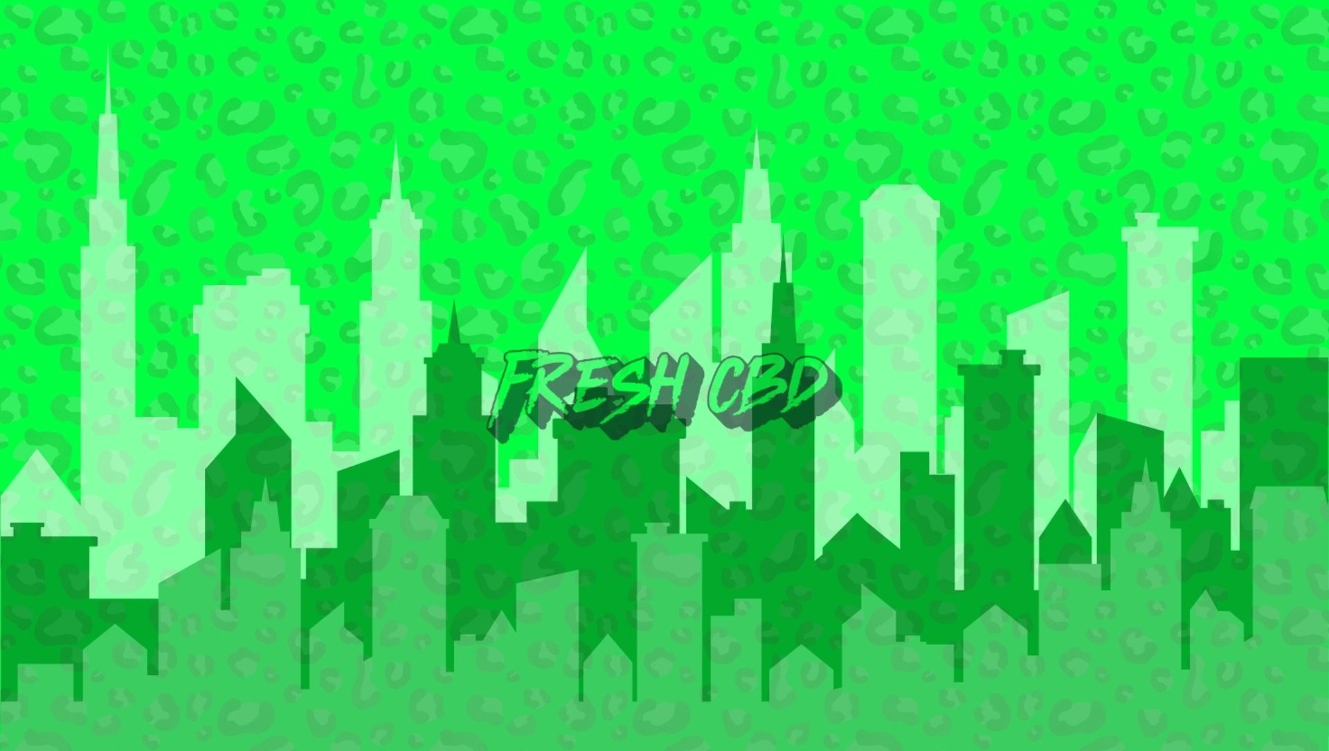 Banner Fresh CBD con ciudad y fondo verde fluorescente