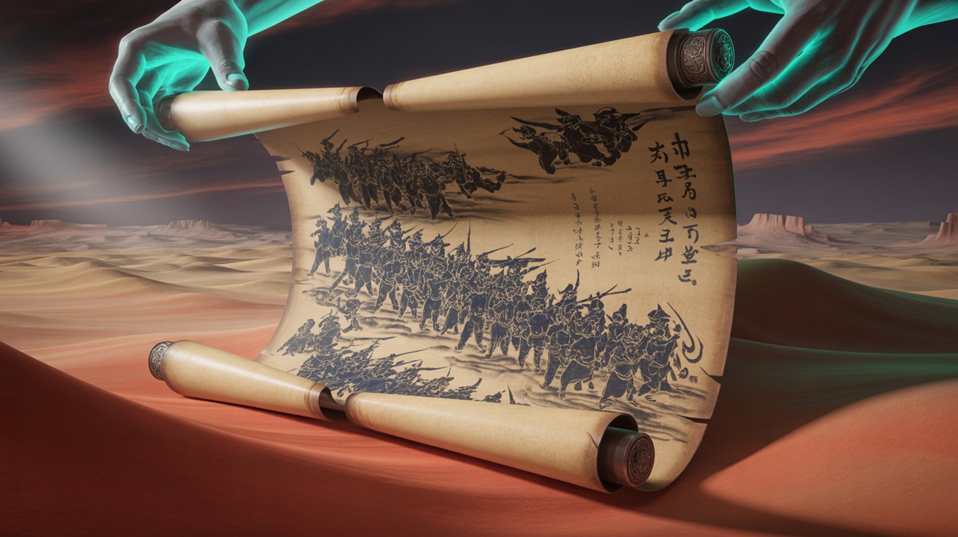 Parchment scroll showing a battle scene in The Art of War style with Chinese characters