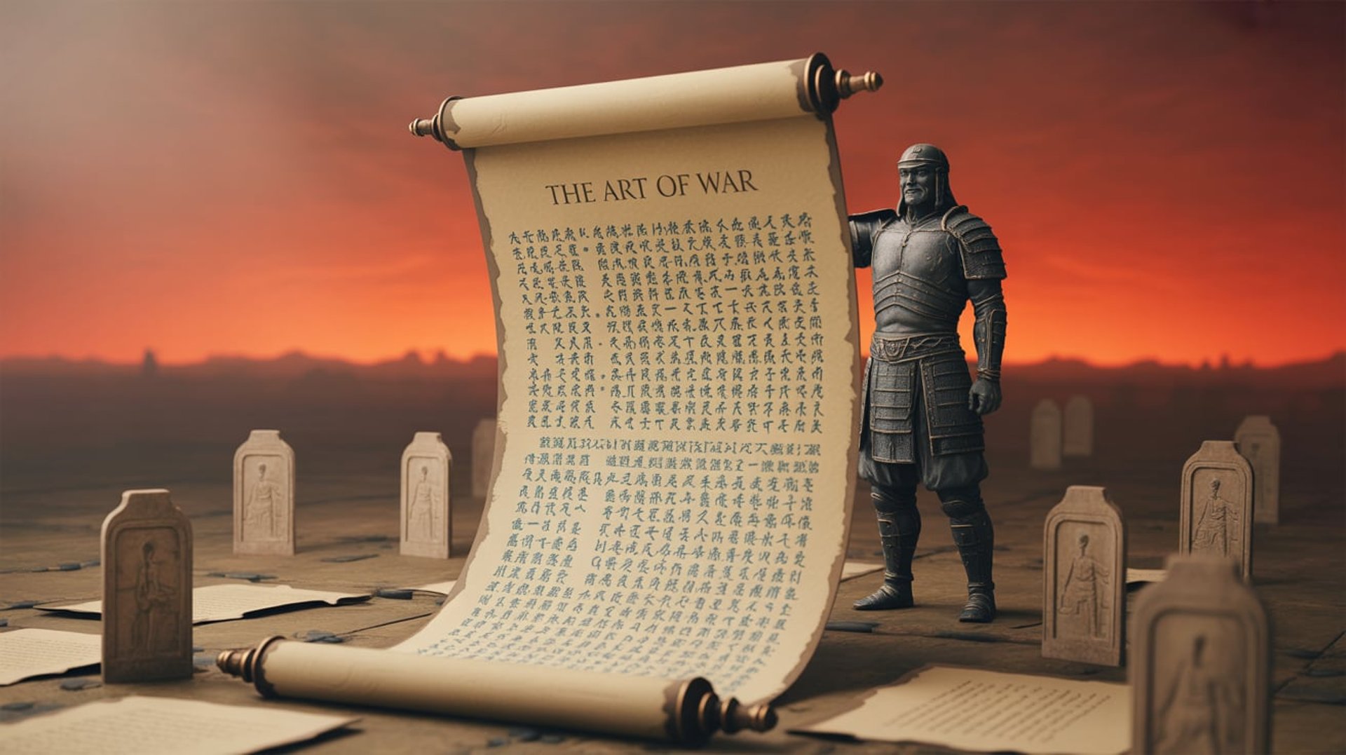 Chinese warrior holding a parchment scroll titled 'The Art of War' with calligraphic characters