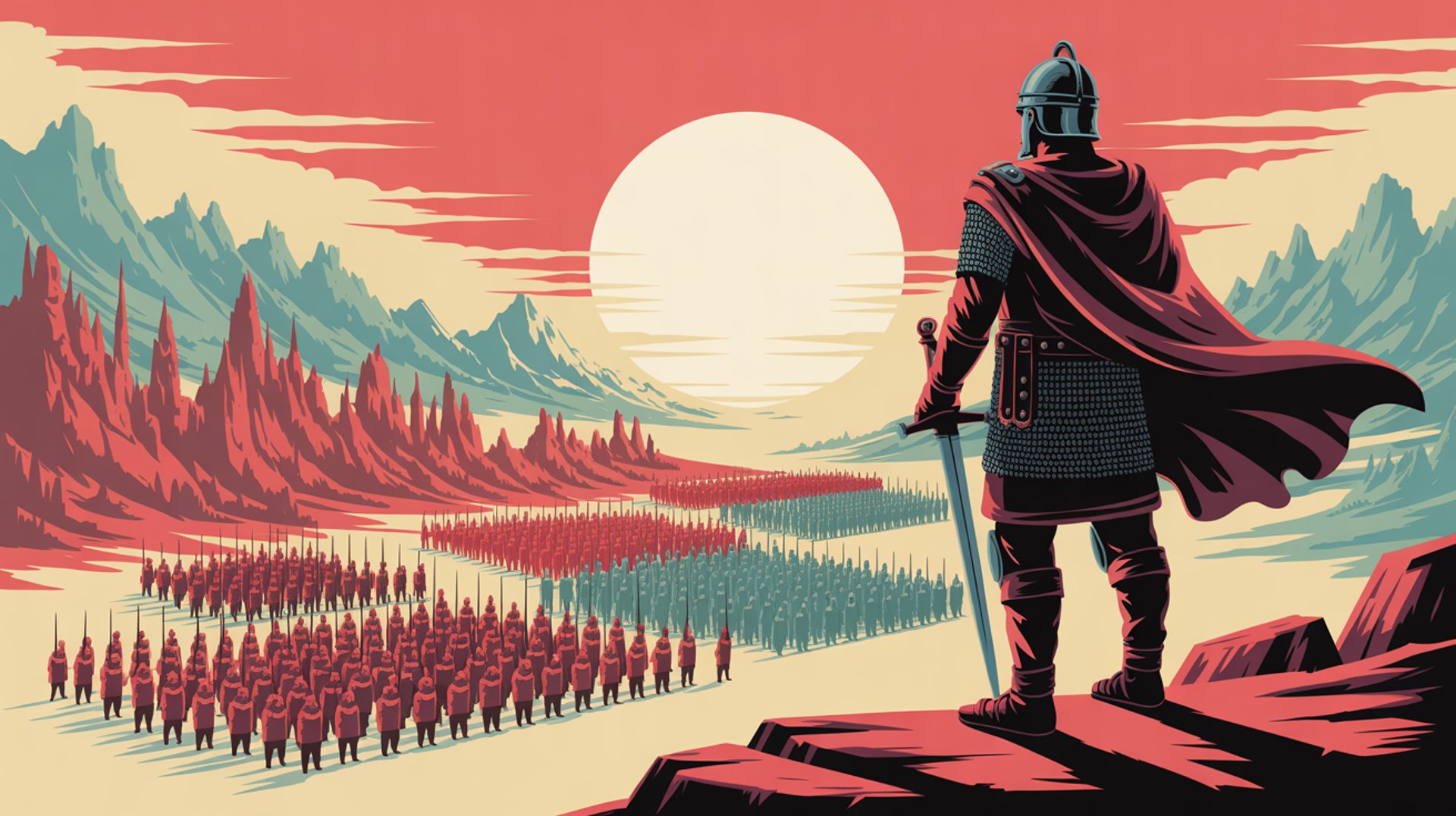 General overlooking troops standing in formation across rugged mountainous terrain