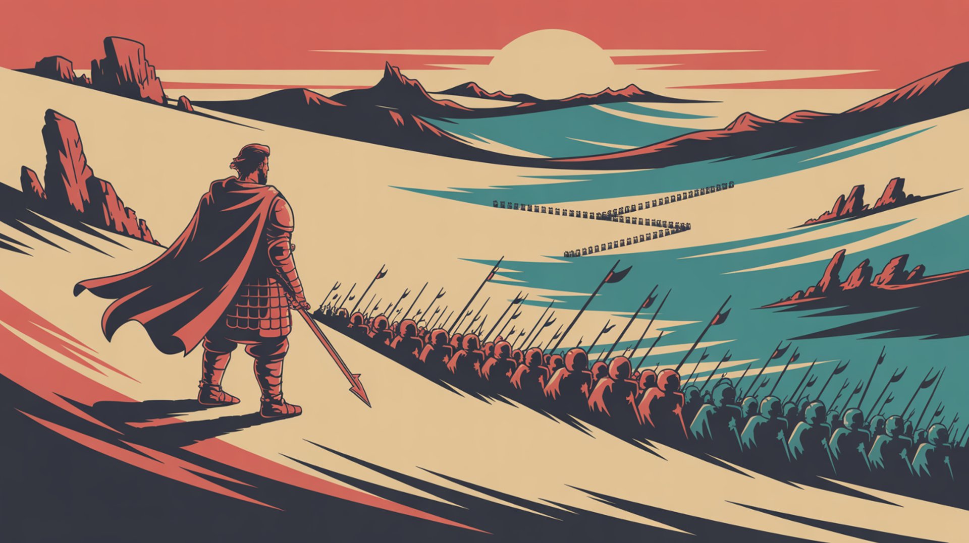 General overlooking troops marching through rugged mountain terrain with enemy forces visible on distant ridge