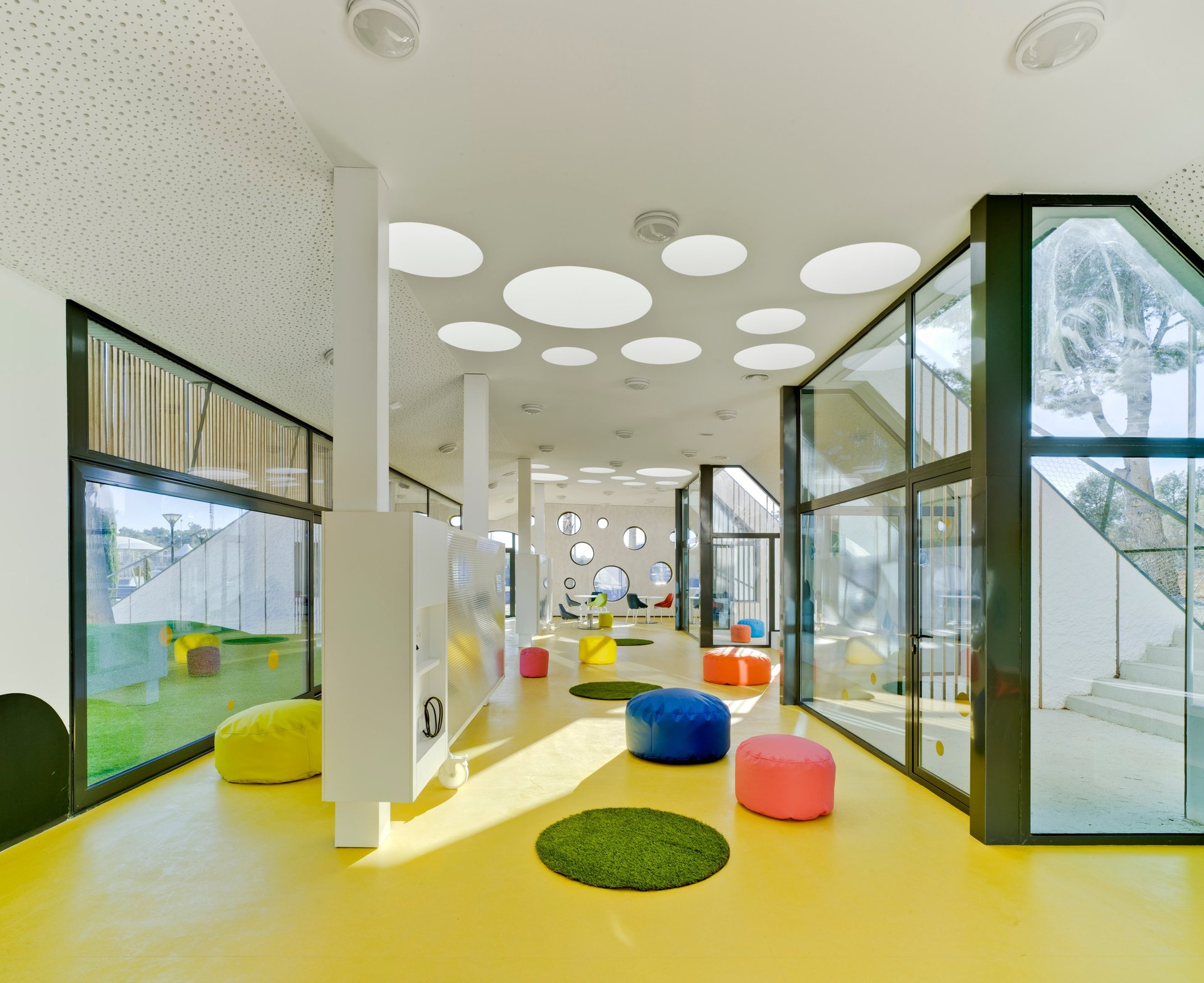 an abstract photo of a curved building with a blue sky in the background