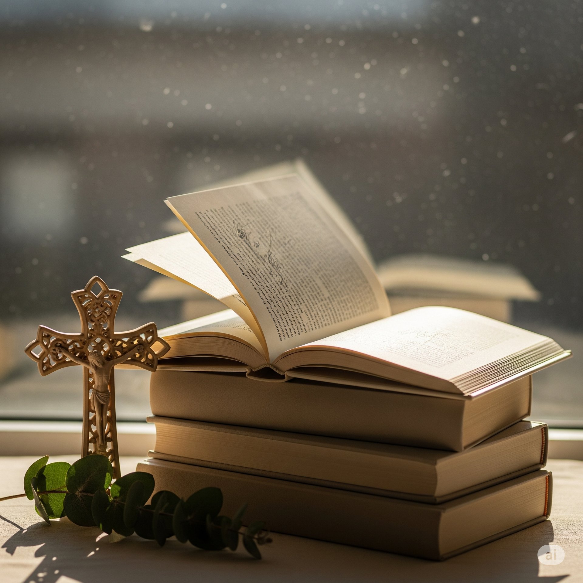 an open book sitting on top of a bed next to a potted plant