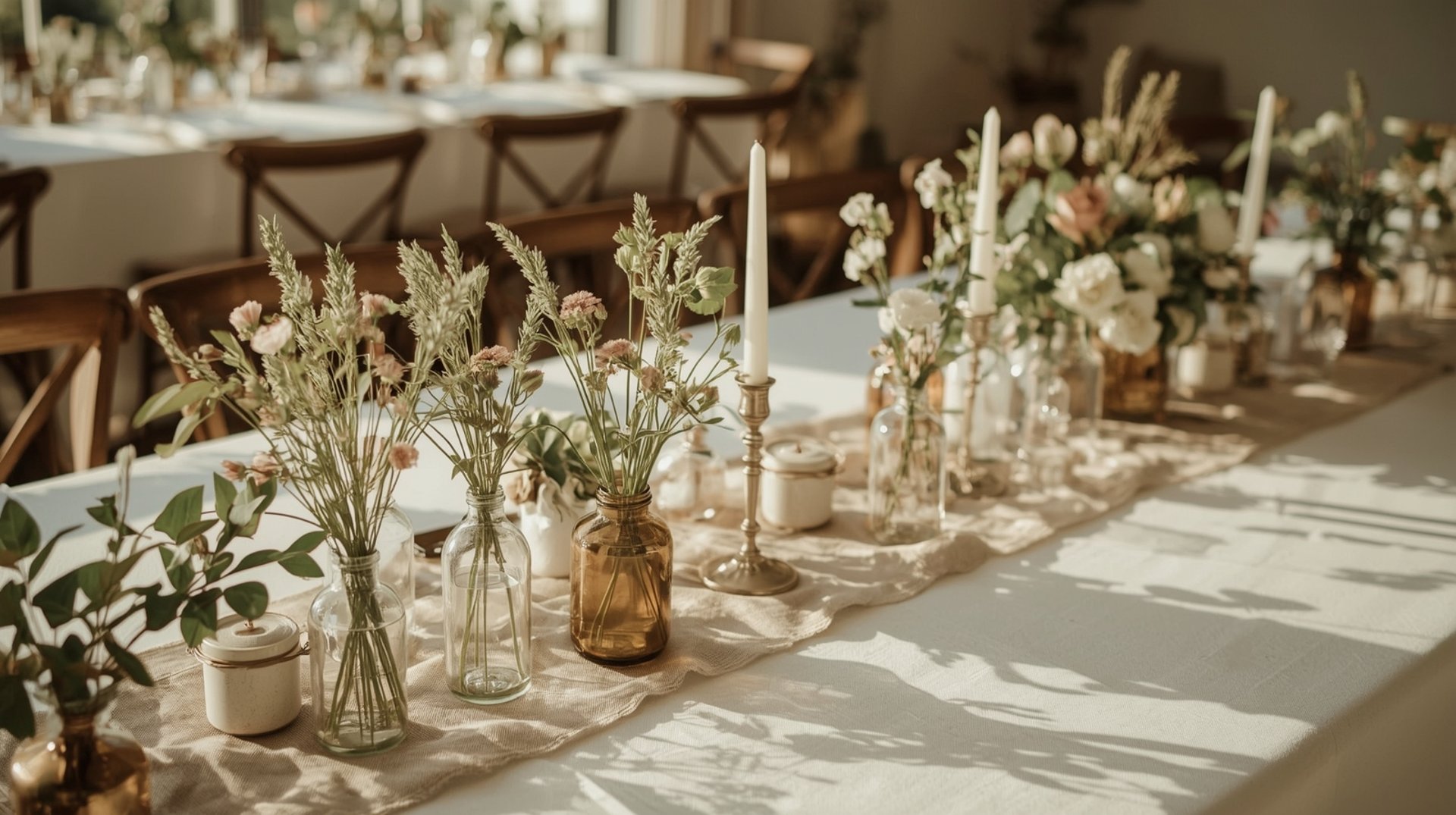 Table de réception décorée avec éléments DIY minimalistes et fleurs naturelles en lumière douce.