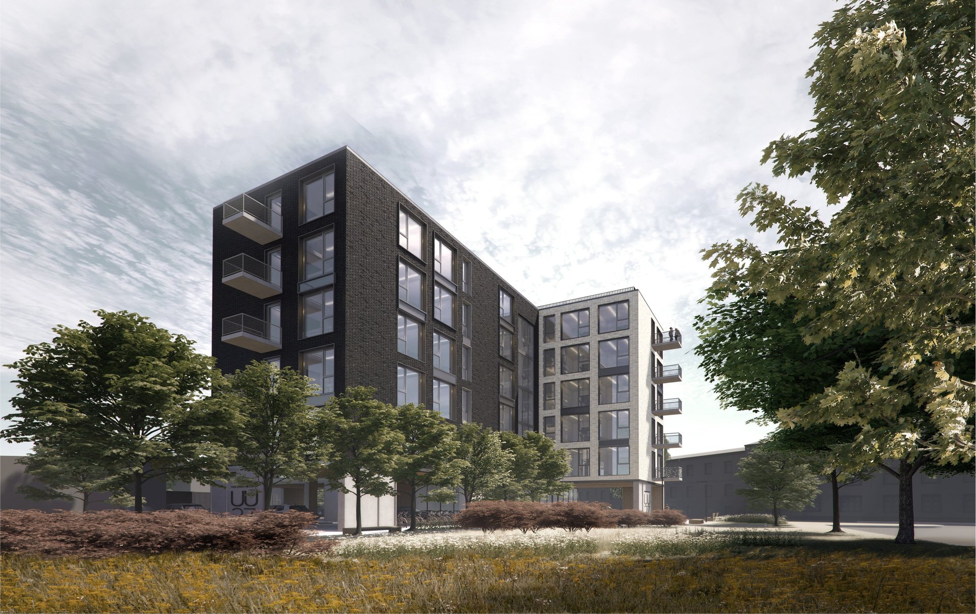 an abstract photo of a curved building with a blue sky in the background