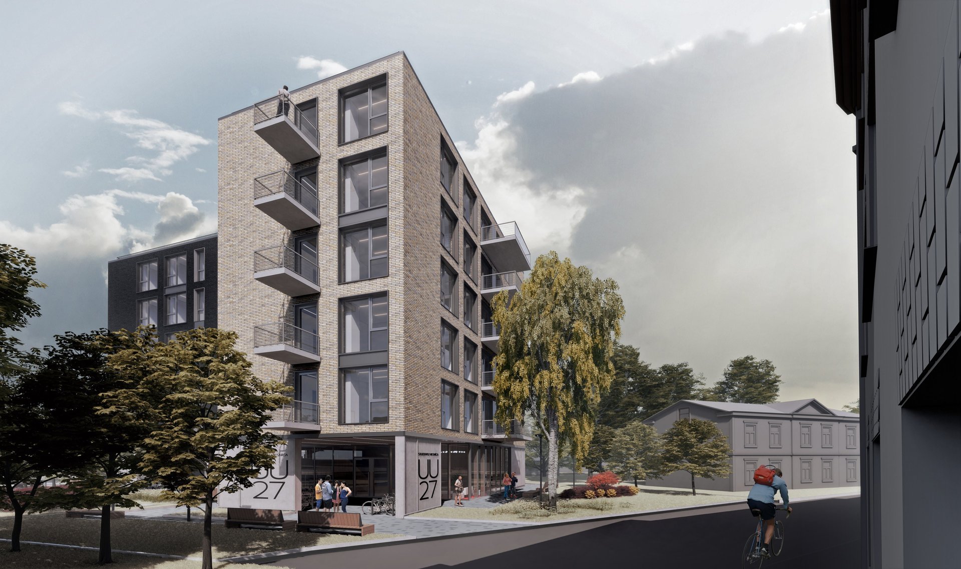 an abstract photo of a curved building with a blue sky in the background