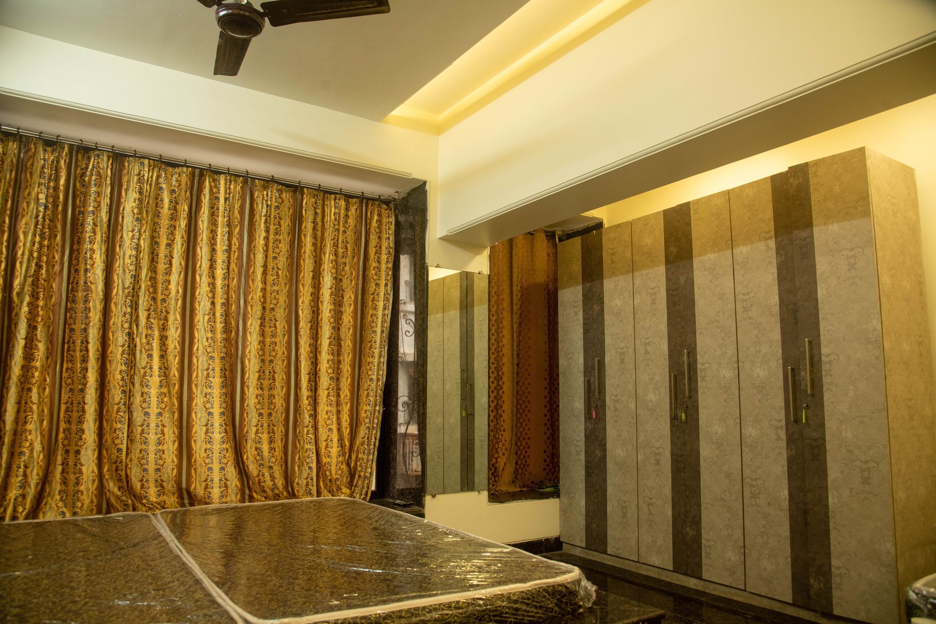 white and gray floral bed linen