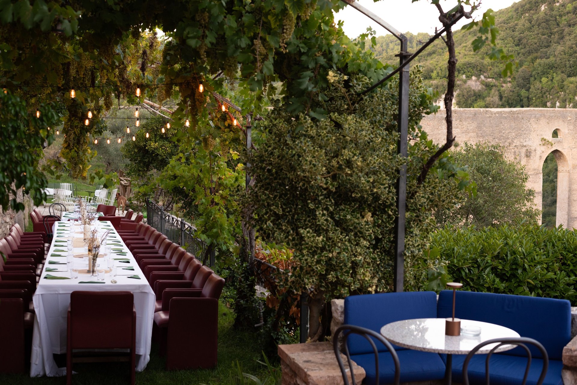 Evento privato tavolata sotto la vite nel giardino dell'Hotel vista Ponte delle Torri