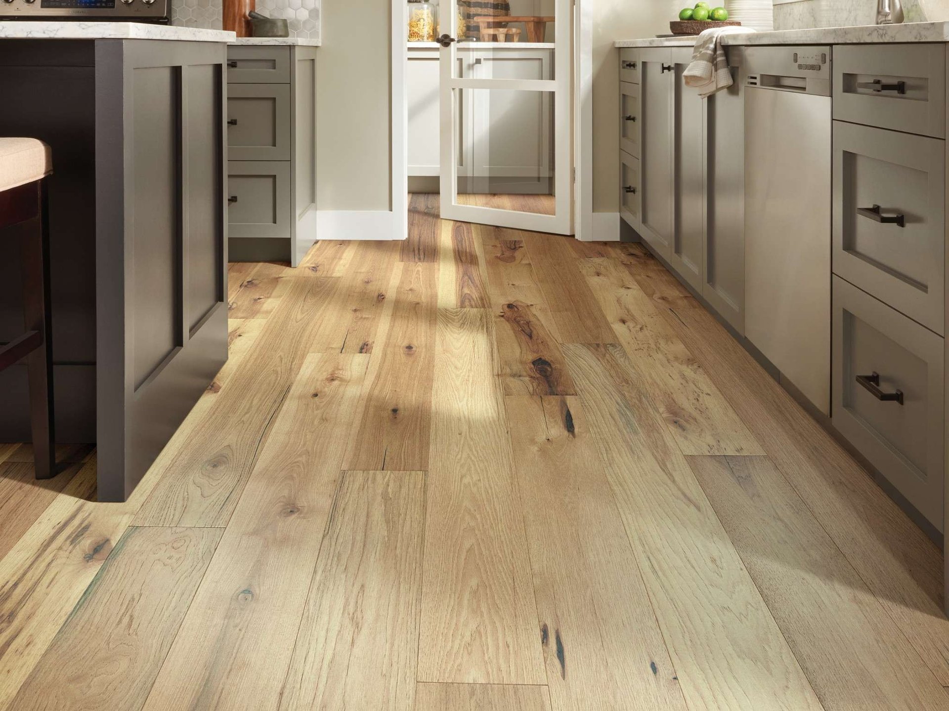 Vision Flooring and More main page with beautiful hardwood plank flooring and brand new cabinets.