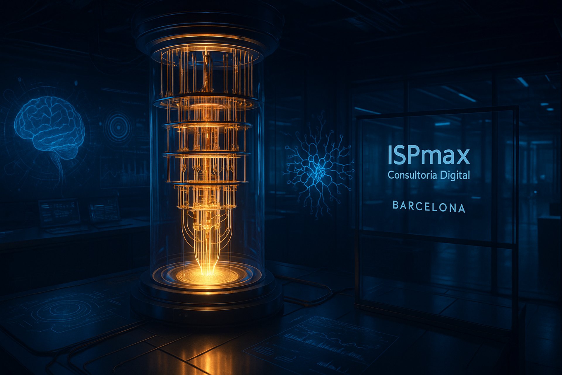 Imagen futurista de un laboratorio cuántico en Barcelona con un ordenador de IBM iluminado en tonos azul y dorado, representa