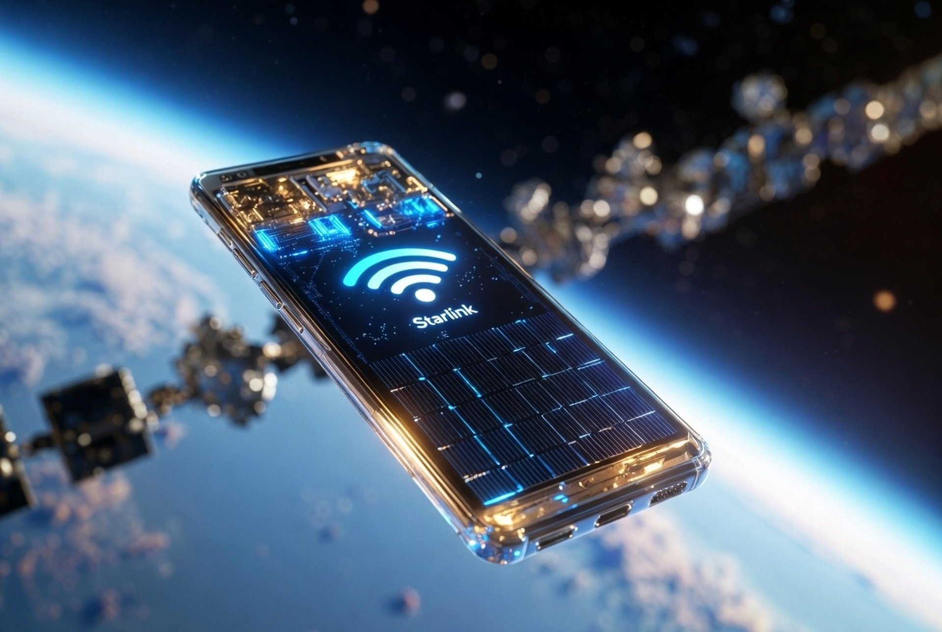Smartphone futurista conectado directamente a los satélites Starlink sin Wi-Fi ni SIM, representando la tecnología Direct-to-