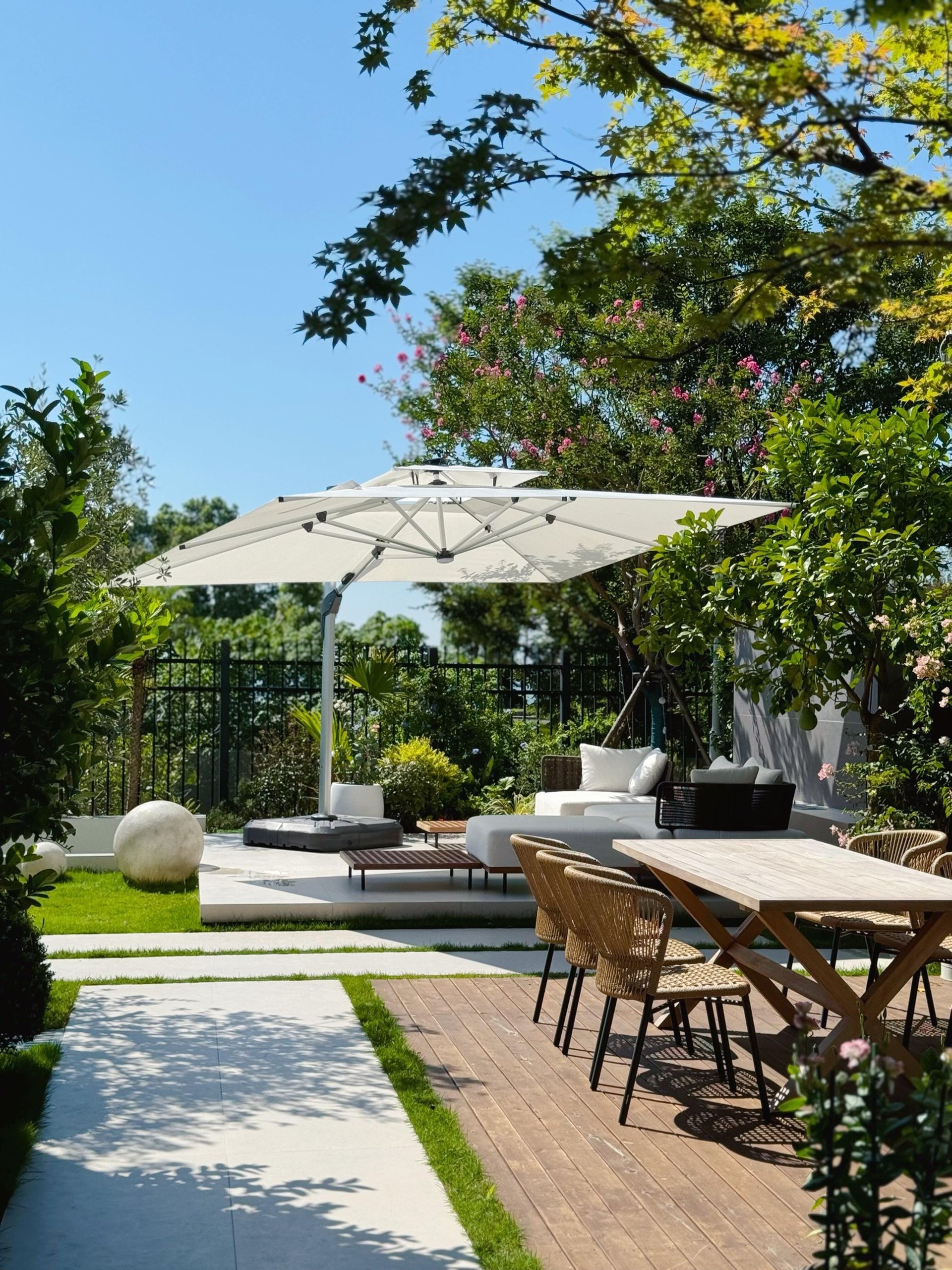 a pool with chairs and a table