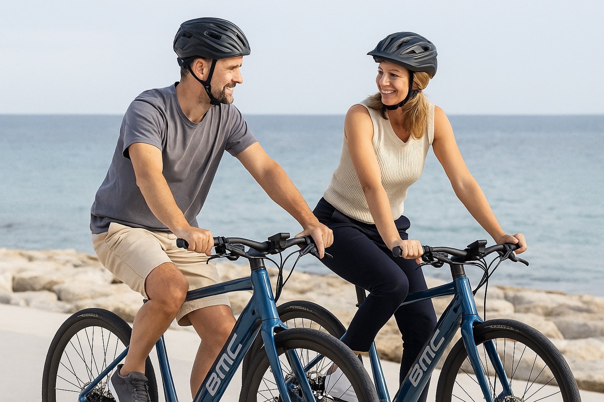 a couple of people riding bikes down a street