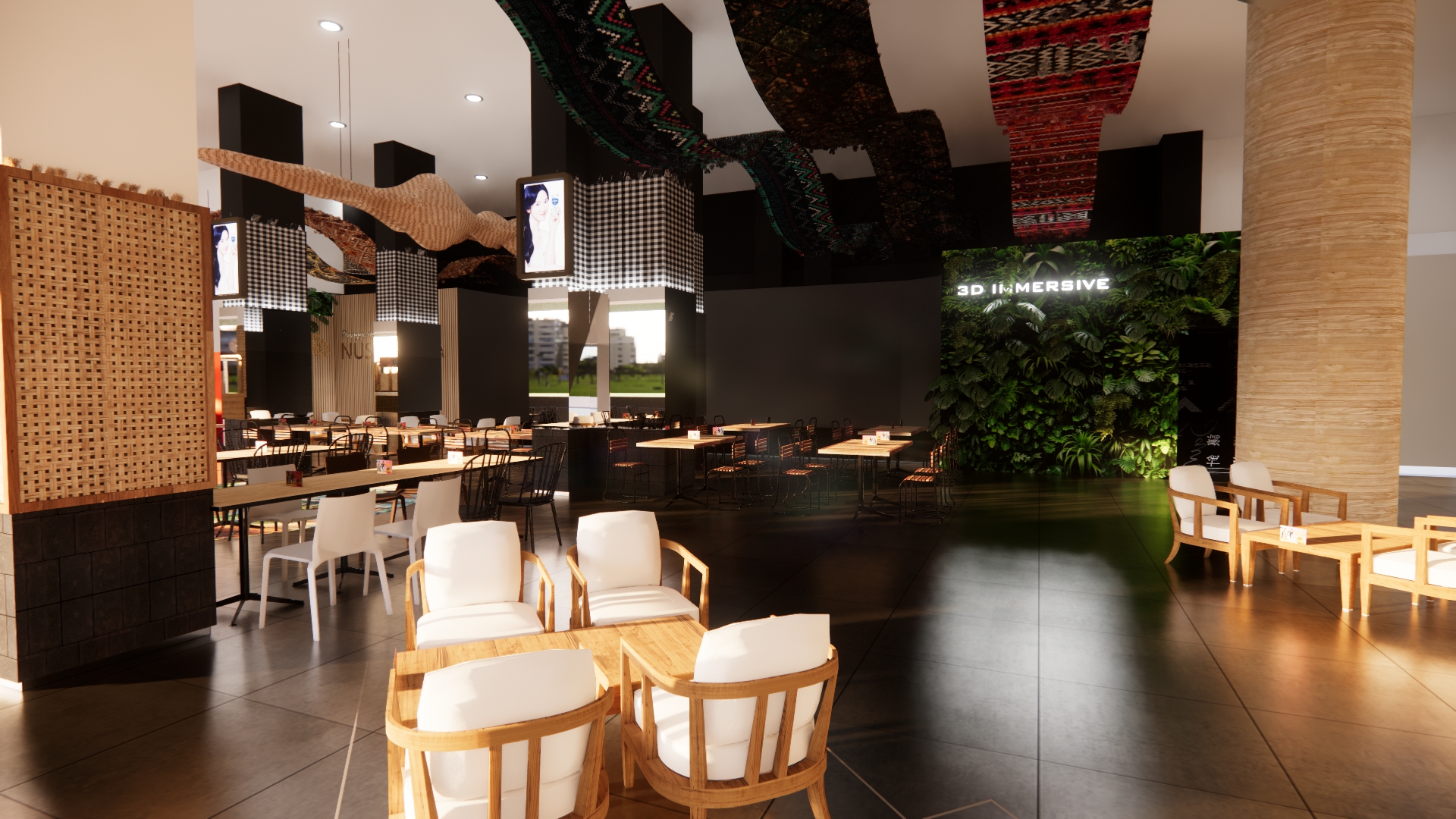 a living room filled with furniture and a mirror