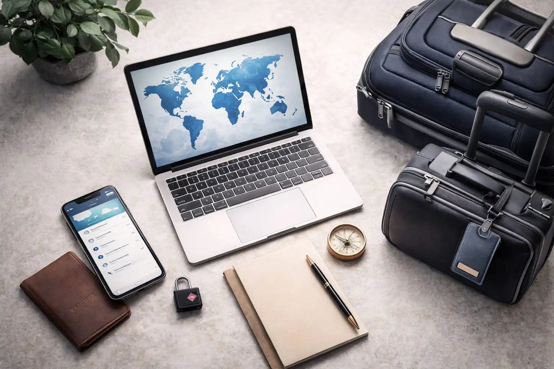 Global Travel Tools Setup Laptop with world map, secure luggage, and digital travel tools for planning, document storage