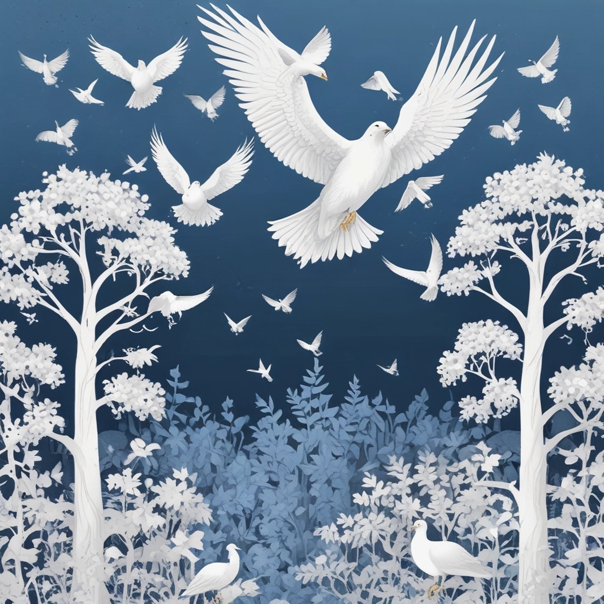 White trees blue leaves