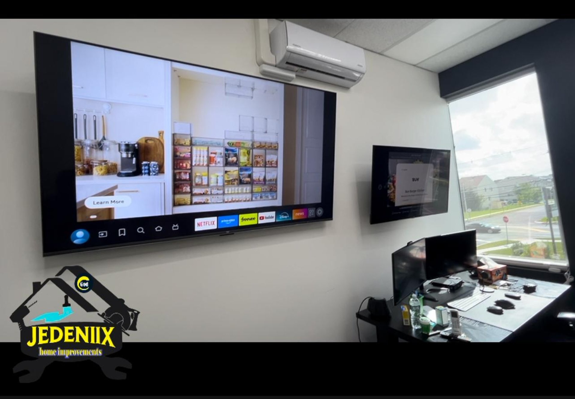 a dark room with a sign that says exit