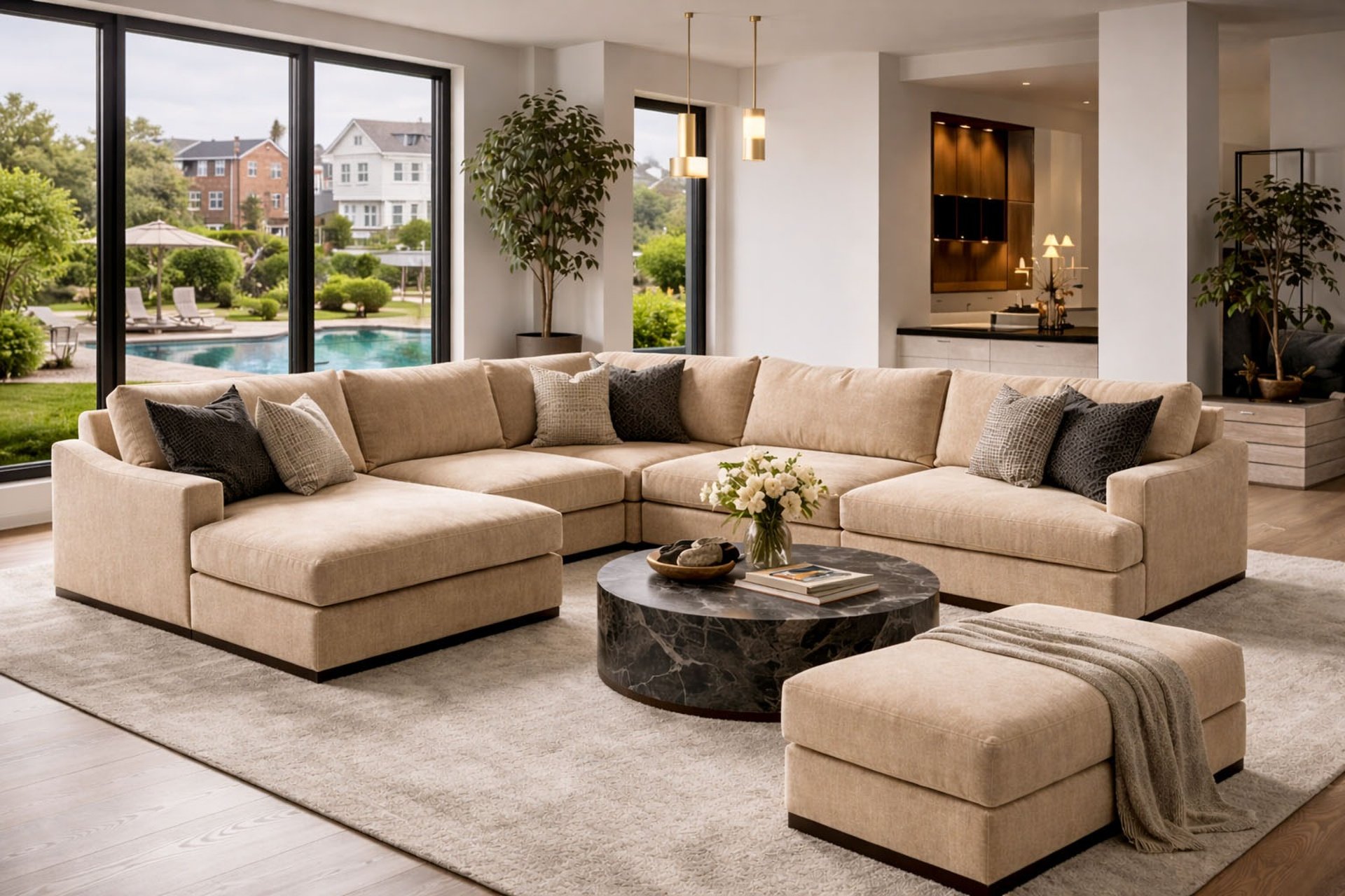 Custom cream sectional sofa in a bright living room by Solo Home Decor