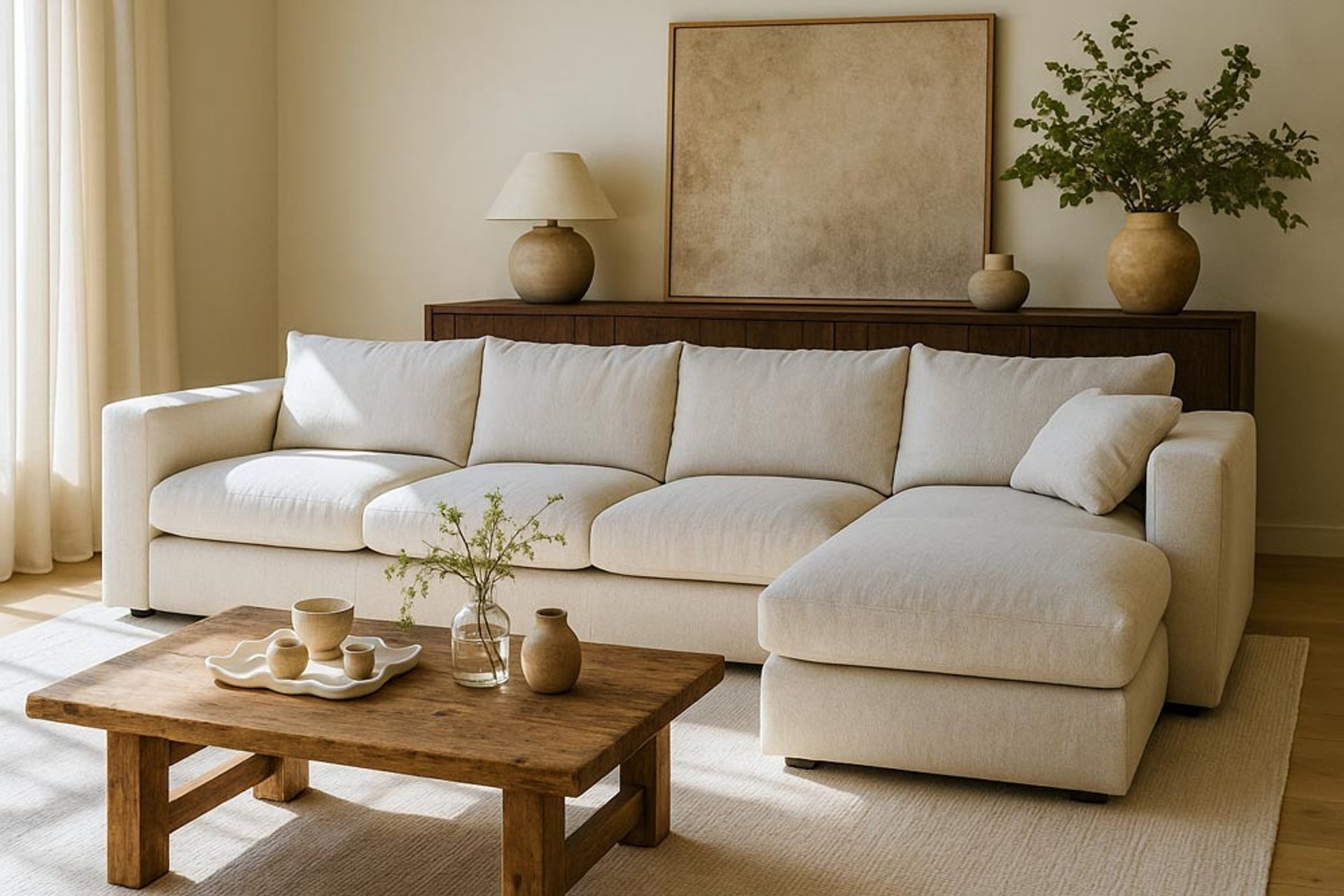 Beige sectional in a warm modern living room with rustic coffee table, neutral decor, and natural light by Solo Home Decor