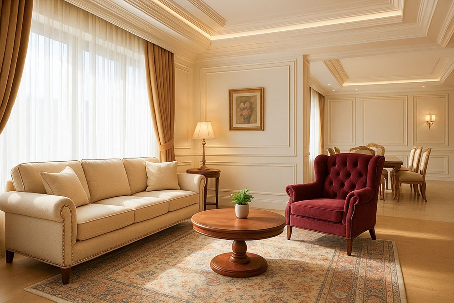 Classic living room with beige sofa, red tufted armchair, and wood coffee table