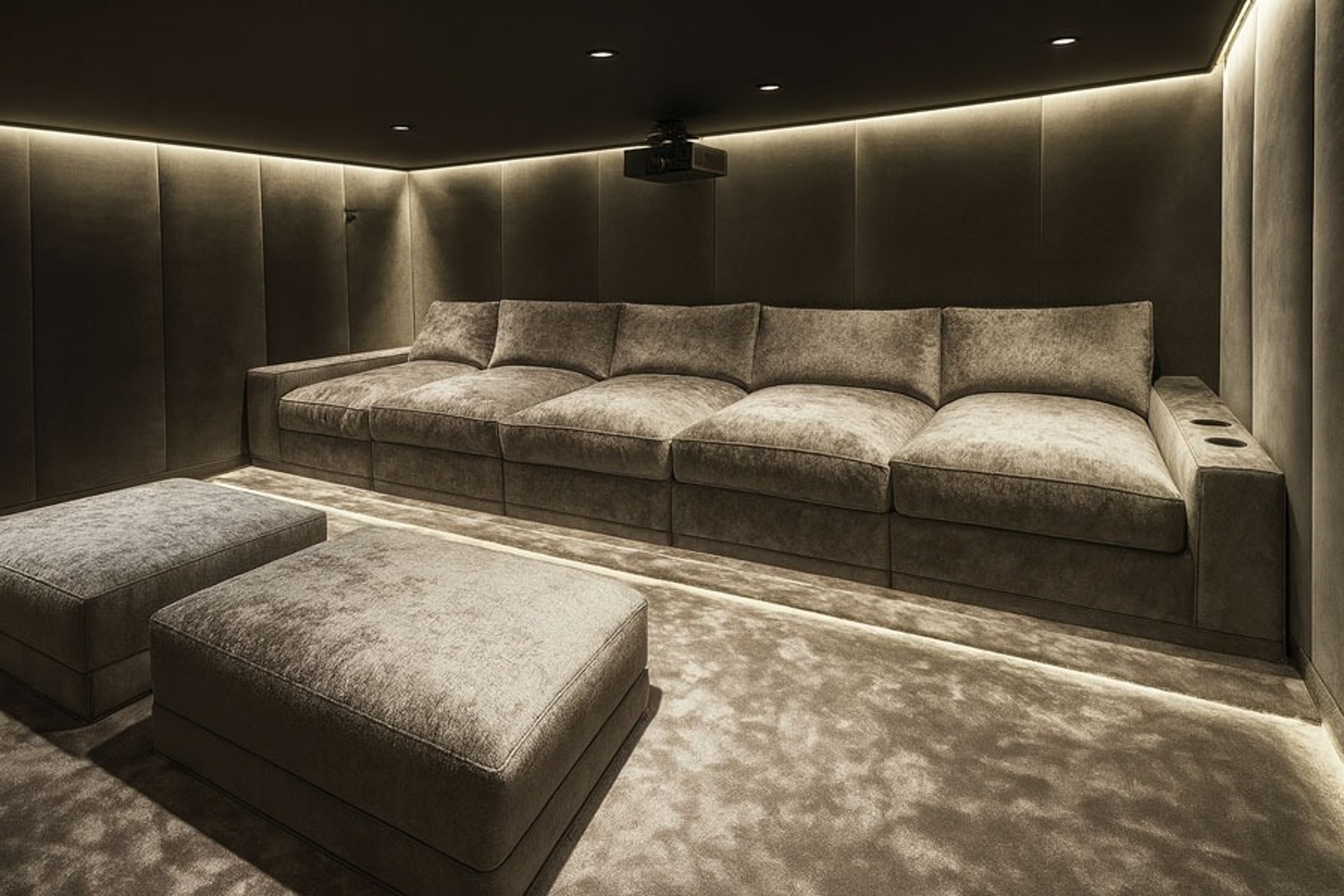 Luxury home theater with custom chaise lounges, matching ottomans, and upholstered wall panels, crafted by Solo Home Decor