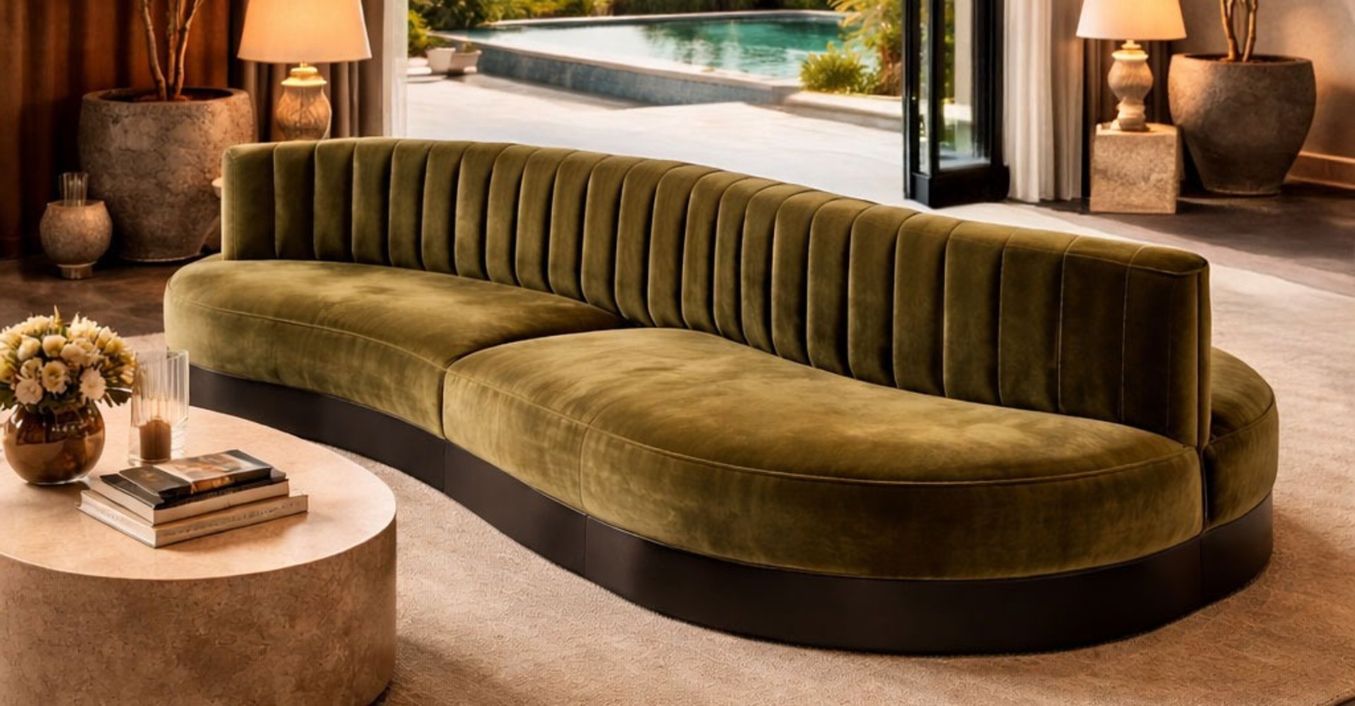 Custom curved green velvet banquette with channel tufting by Solo Home Decor
