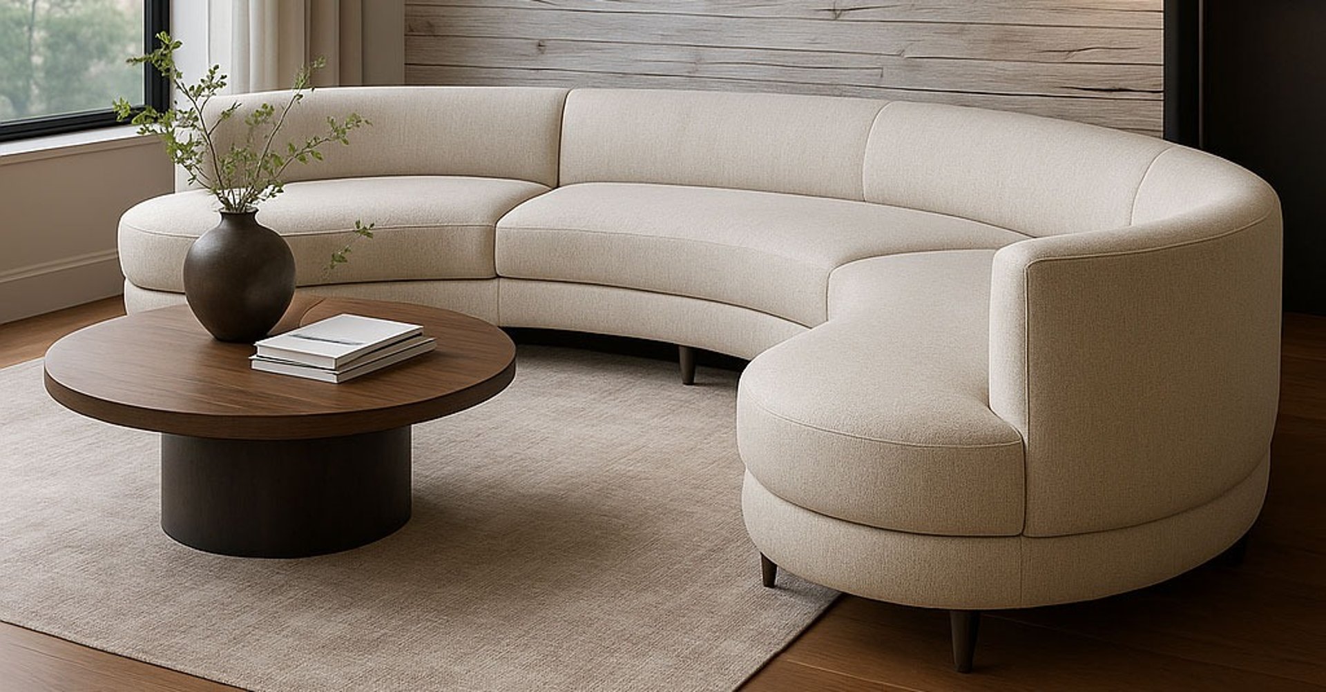 Curved sectional, custom-built by Solo Home Decor for stylish comfort.