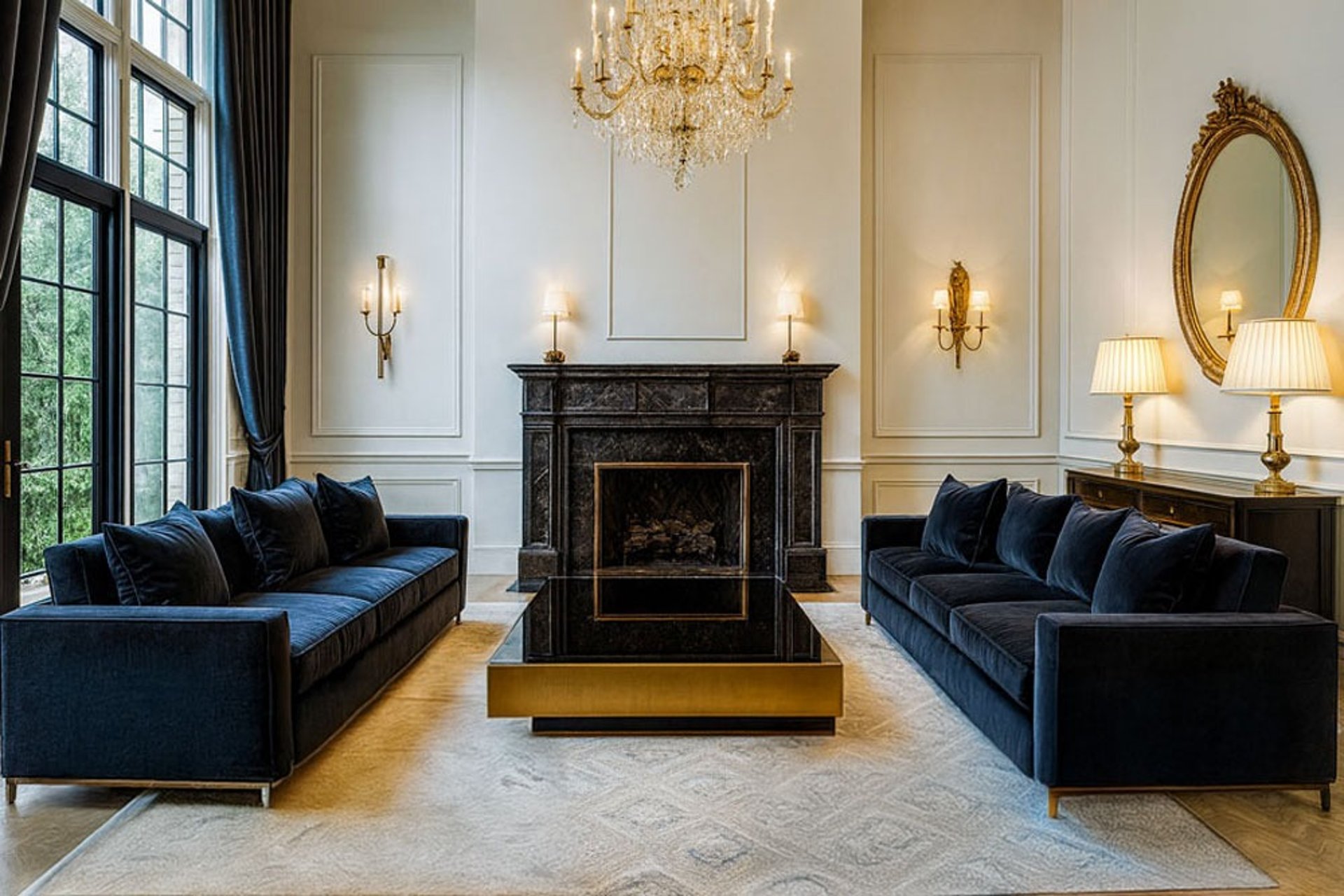 Elegant living room with two navy sofas by Solo Home Decor