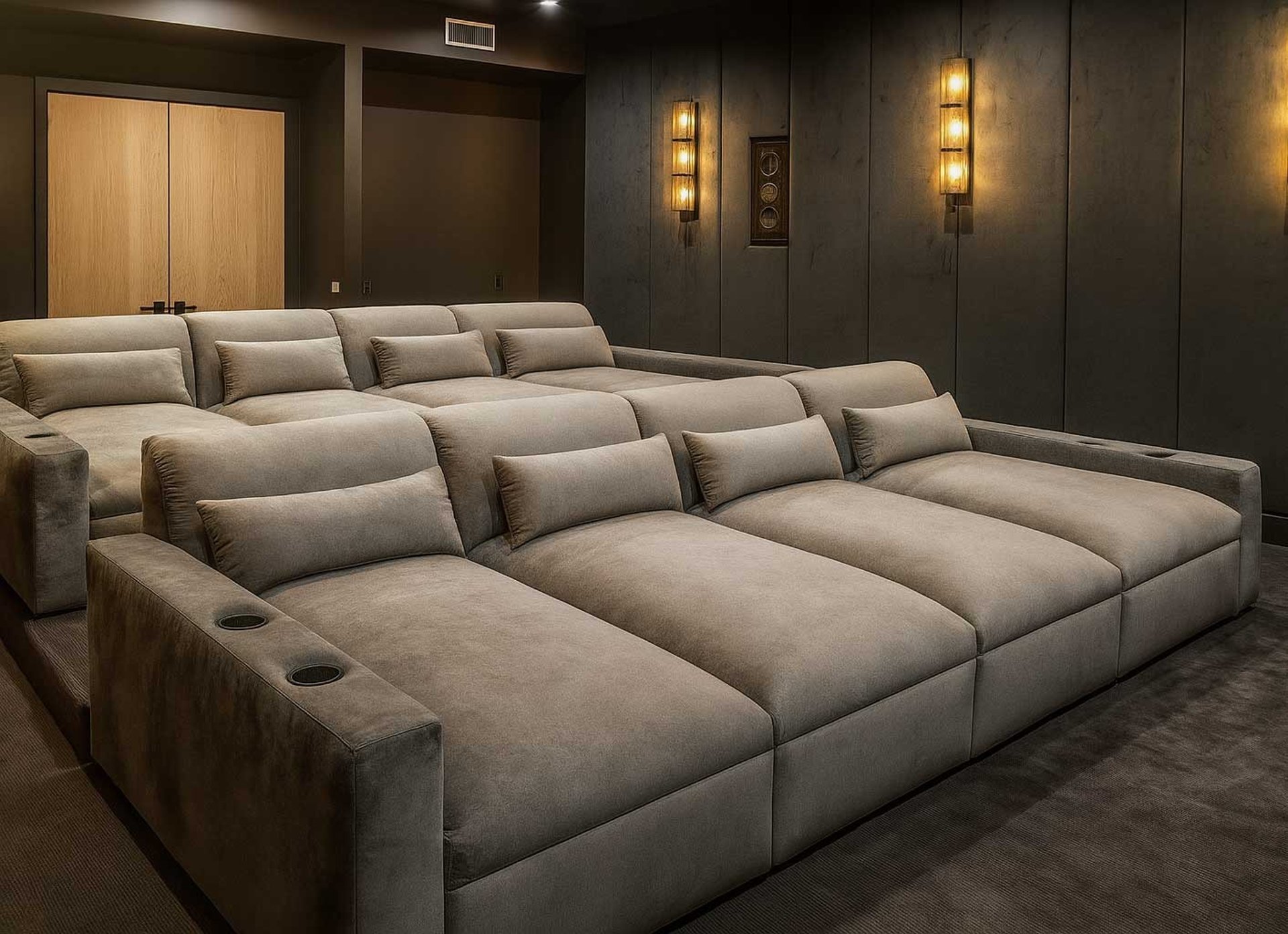 Velvet theater seating with cup holders and tiered rows by Solo Home Decor for home cinema.