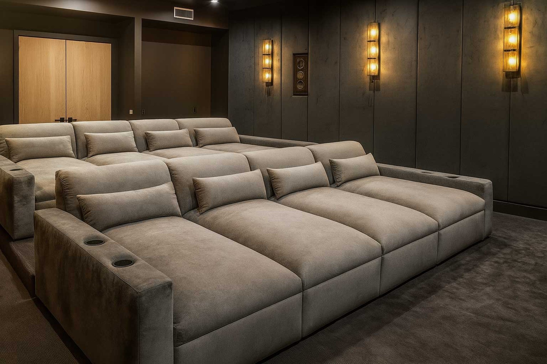 Velvet theater seating with cup holders and tiered rows by Solo Home Decor for home cinema.