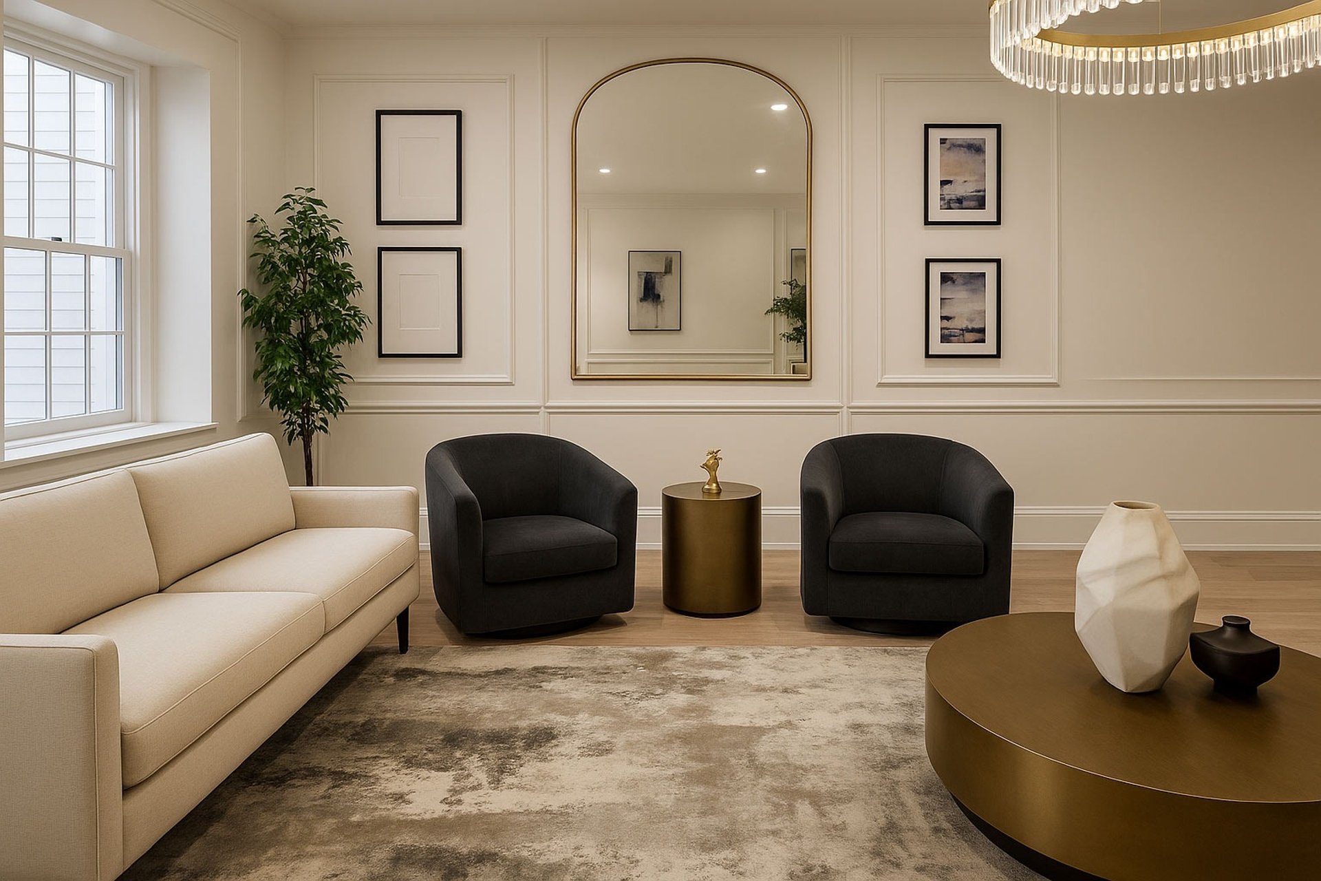 Neutral sofa paired with bold accent ottoman in a living room setting with layered textures.