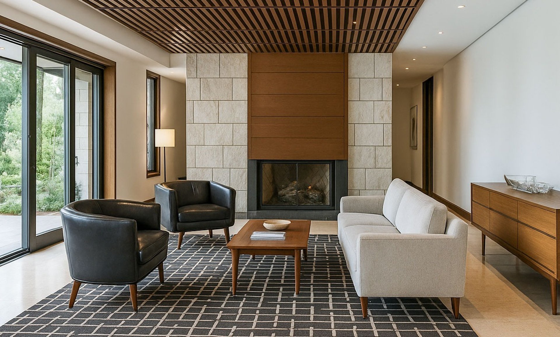 Mid-century style room with cream sofa, black chairs, grid rug, wood ceiling, and stone fireplace.