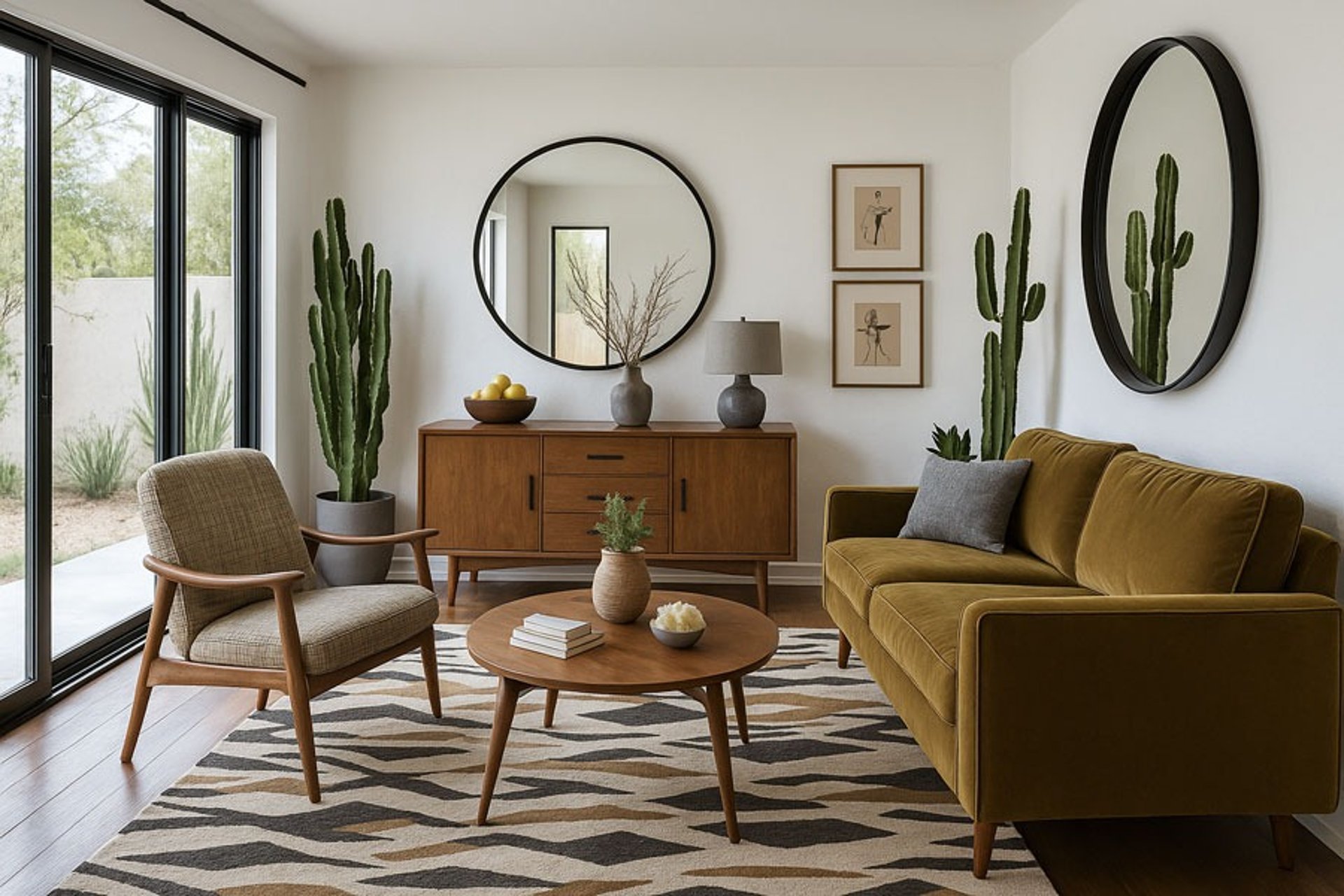 Mid-century room with olive sofa, wood chair, round mirror, credenza, cacti, and zigzag rug.