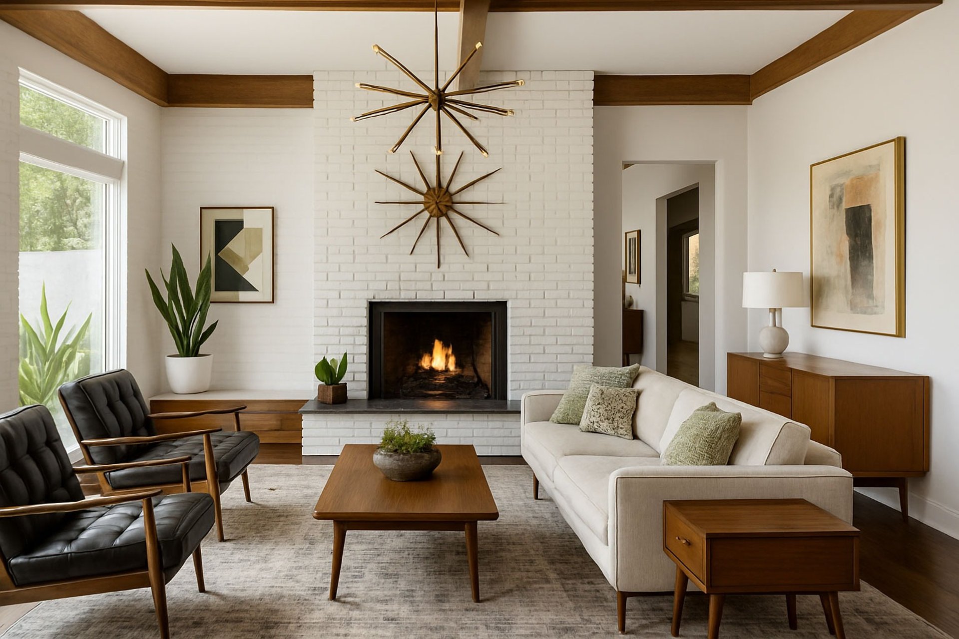Cream Mid-Century sofa and walnut armchairs with black leather in front of a white brick fireplace.