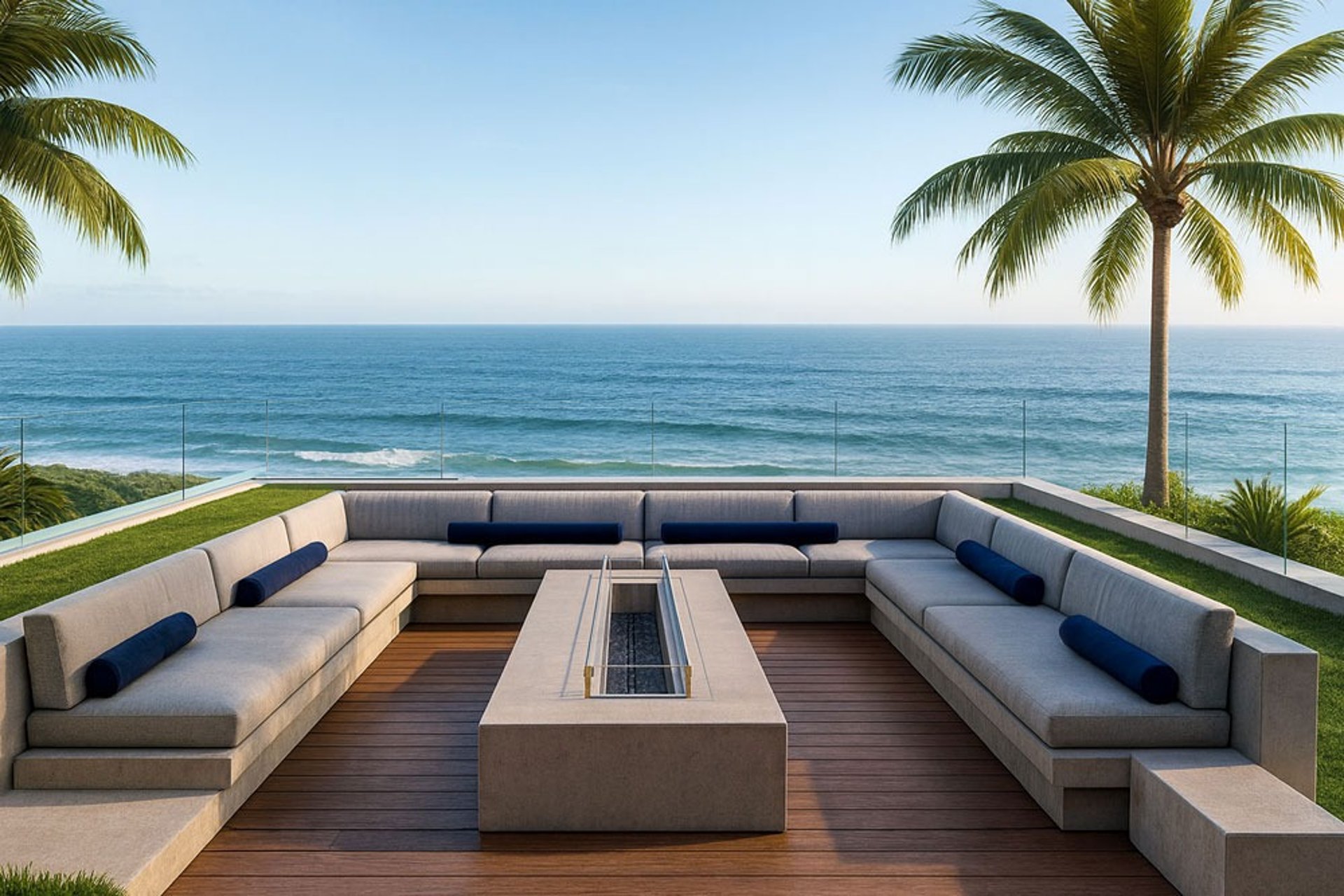 Modern gray sectional with fire pit in a luxury ocean-view backyard, custom outdoor furniture by Solo Home Decor.