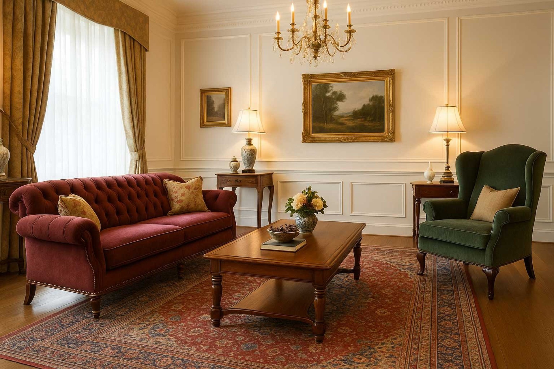 Traditional living room with red tufted sofa, green armchair, and wood furniture