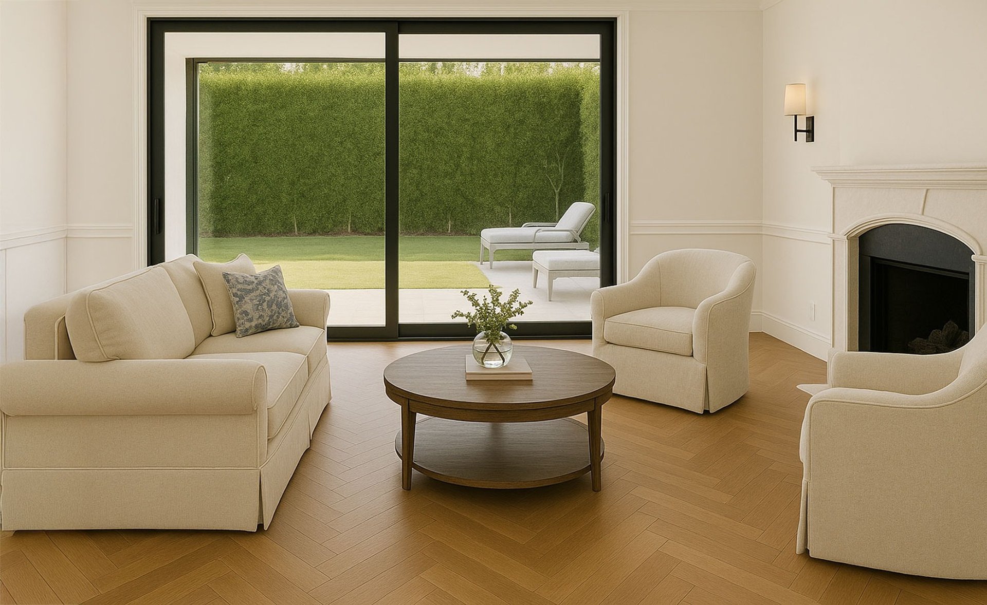 Neutral transitional living room with beige sofa, armchairs, rug, artwork, and classic fireplace