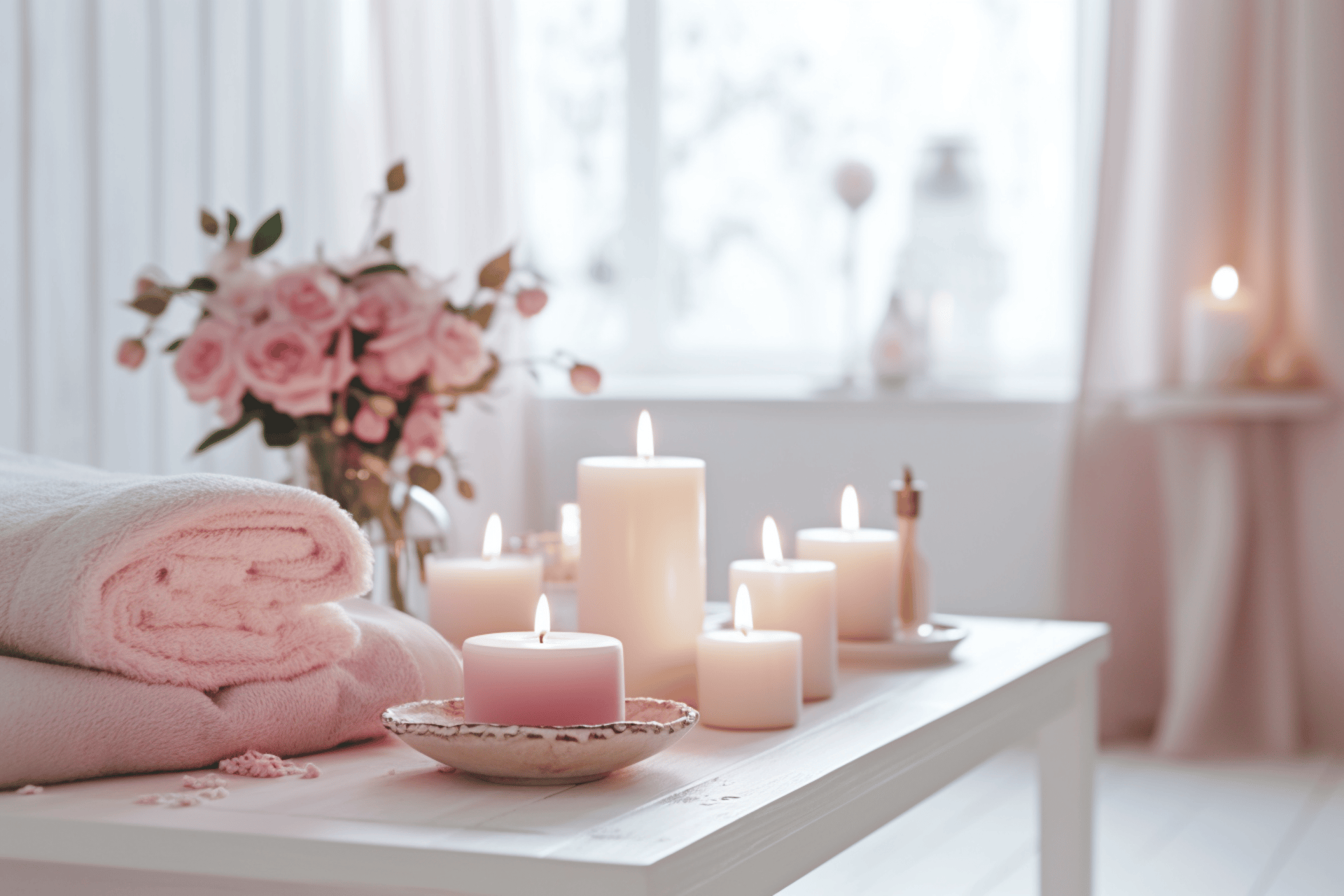 een tafel met daarop brandende kaarsen een bos rozen in een bloemvaas