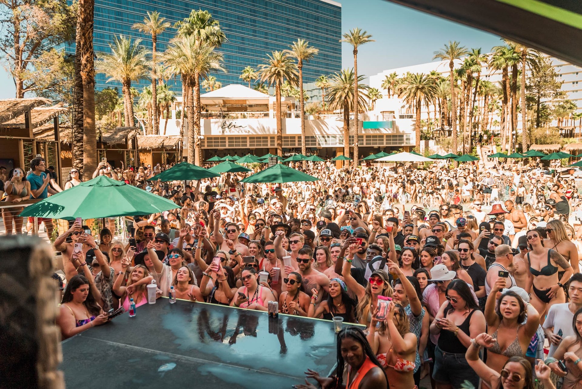 Las Vegas open-bar party bus dayclub experience with lively crowds and festive pool party atmosphere.