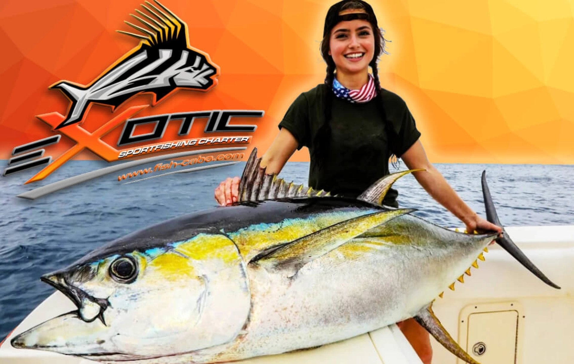 A pretty young woman who caught a big yellowfin tuna on Gordo Banks off San Jose del Cabo